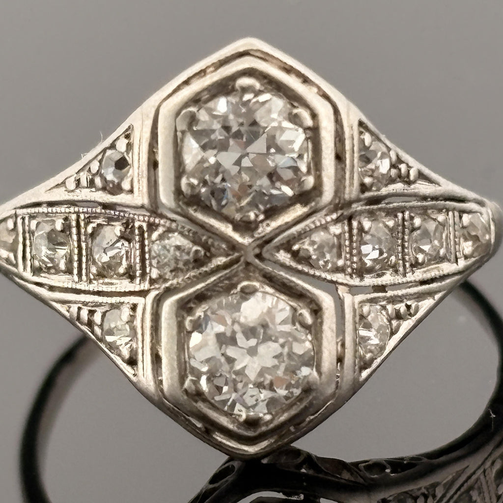 Antique Art Deco European Cut Diamond Platinum Toi et Moi Ring