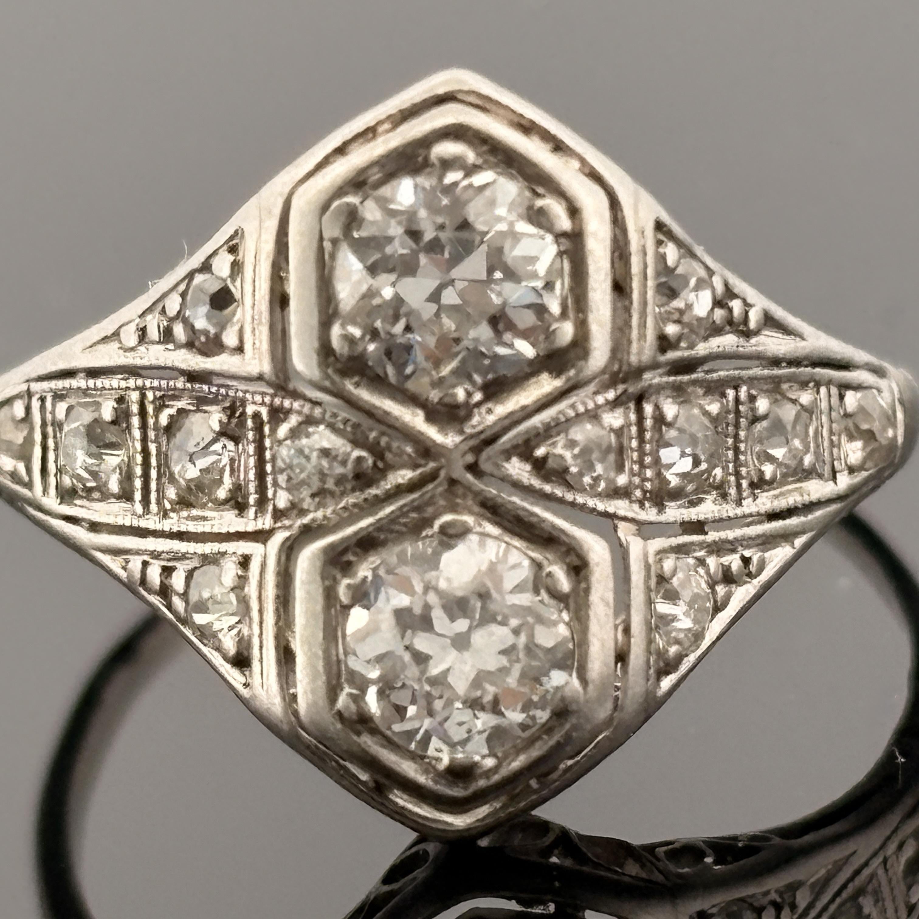 Antique Art Deco European Cut Diamond Platinum Toi et Moi Ring