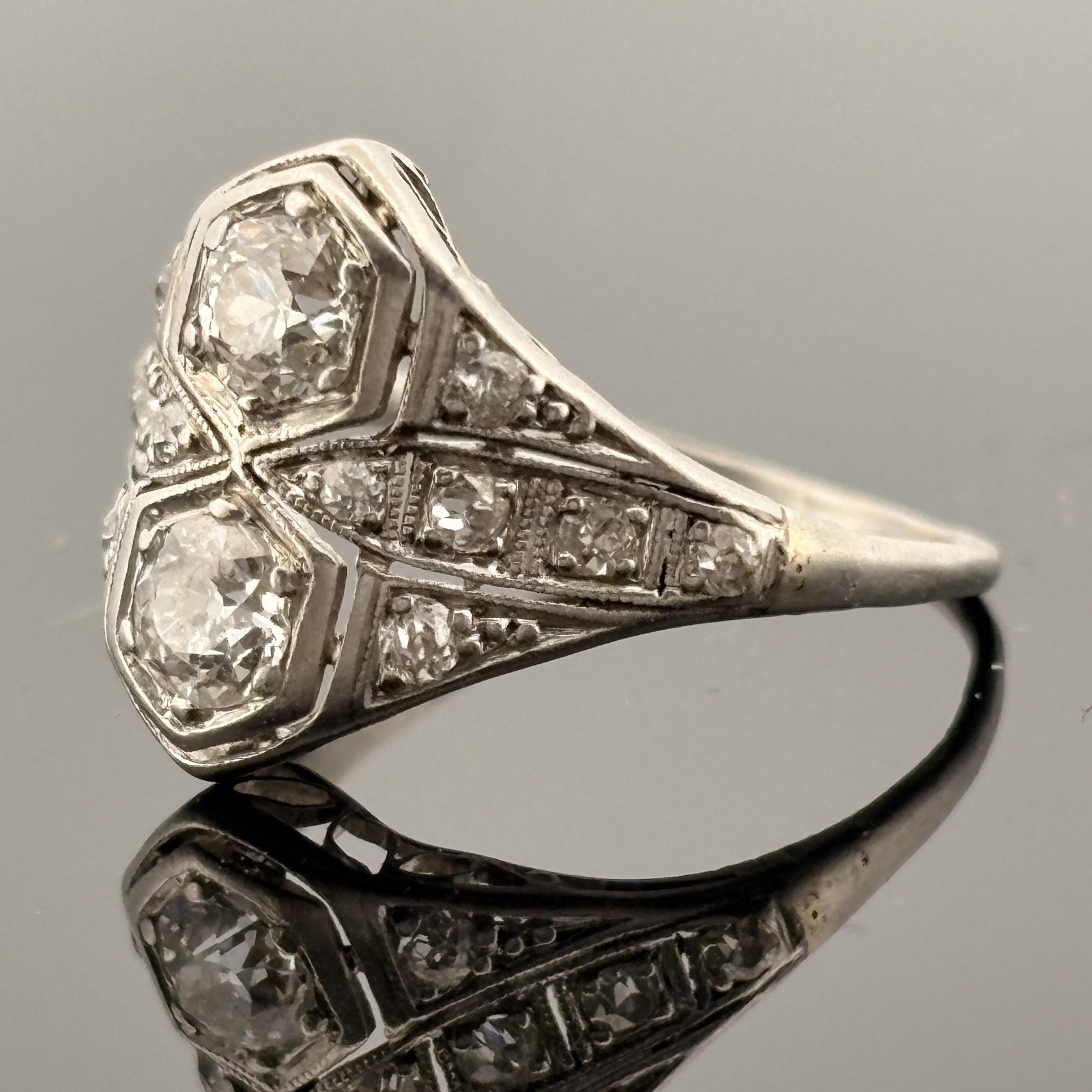 Antique Art Deco European Cut Diamond Platinum Toi et Moi Ring
