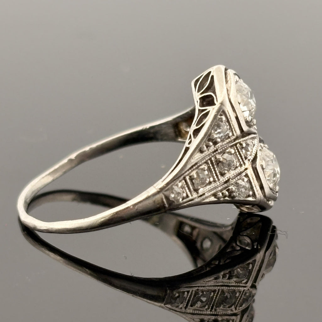 Antique Art Deco European Cut Diamond Platinum Toi et Moi Ring