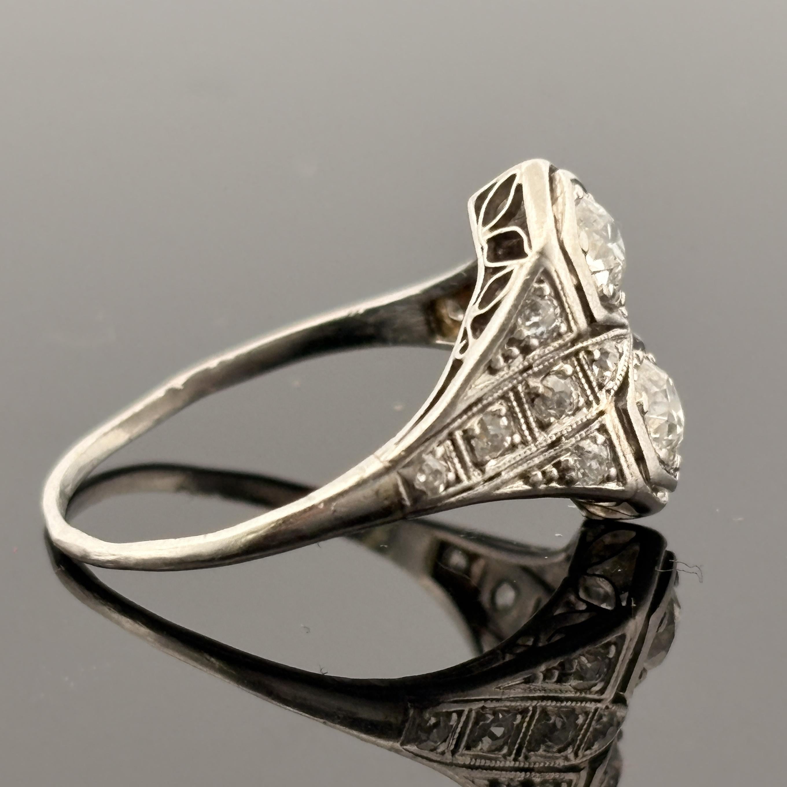 Antique Art Deco European Cut Diamond Platinum Toi et Moi Ring