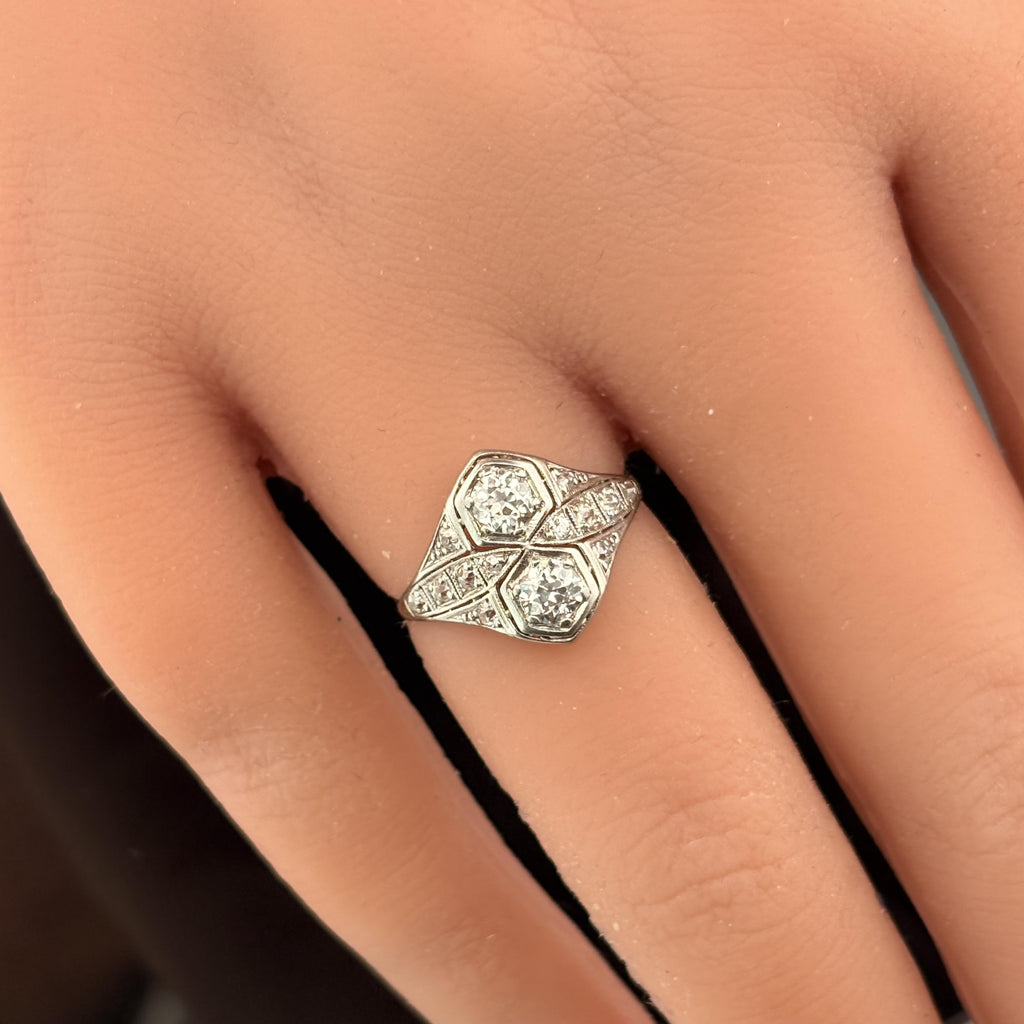 Antique Art Deco European Cut Diamond Platinum Toi et Moi Ring