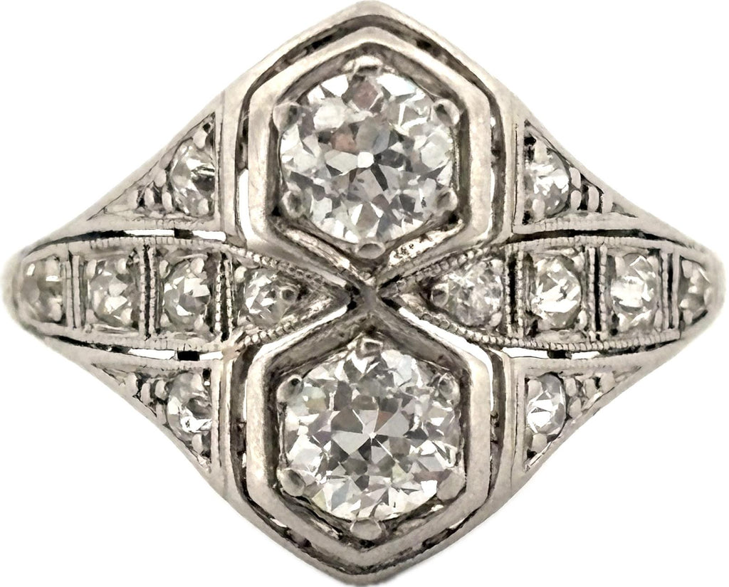 Antique Art Deco European Cut Diamond Platinum Toi et Moi Ring