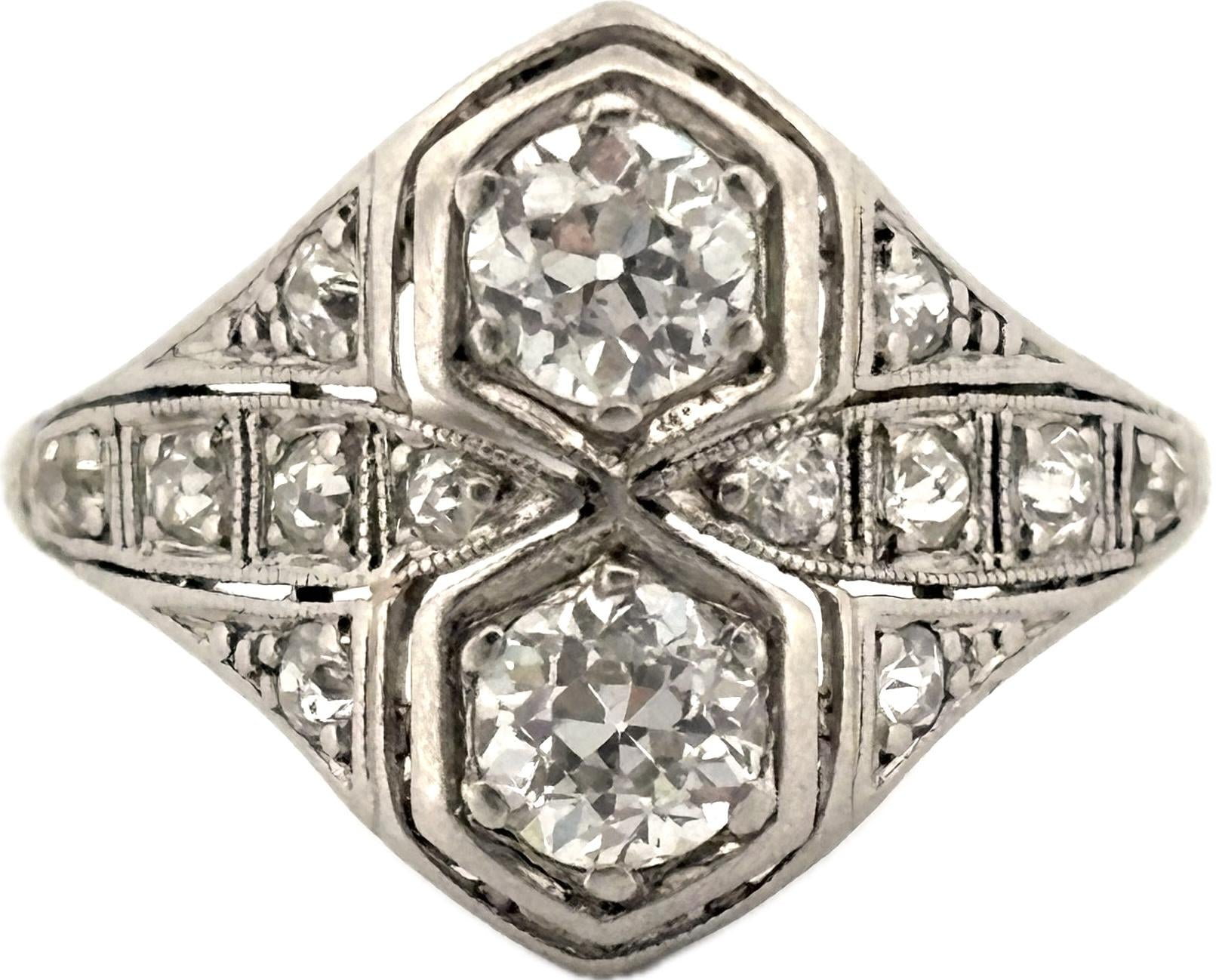 Antique Art Deco European Cut Diamond Platinum Toi et Moi Ring