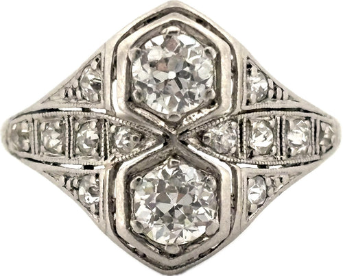 Antique Art Deco European Cut Diamond Platinum Toi et Moi Ring