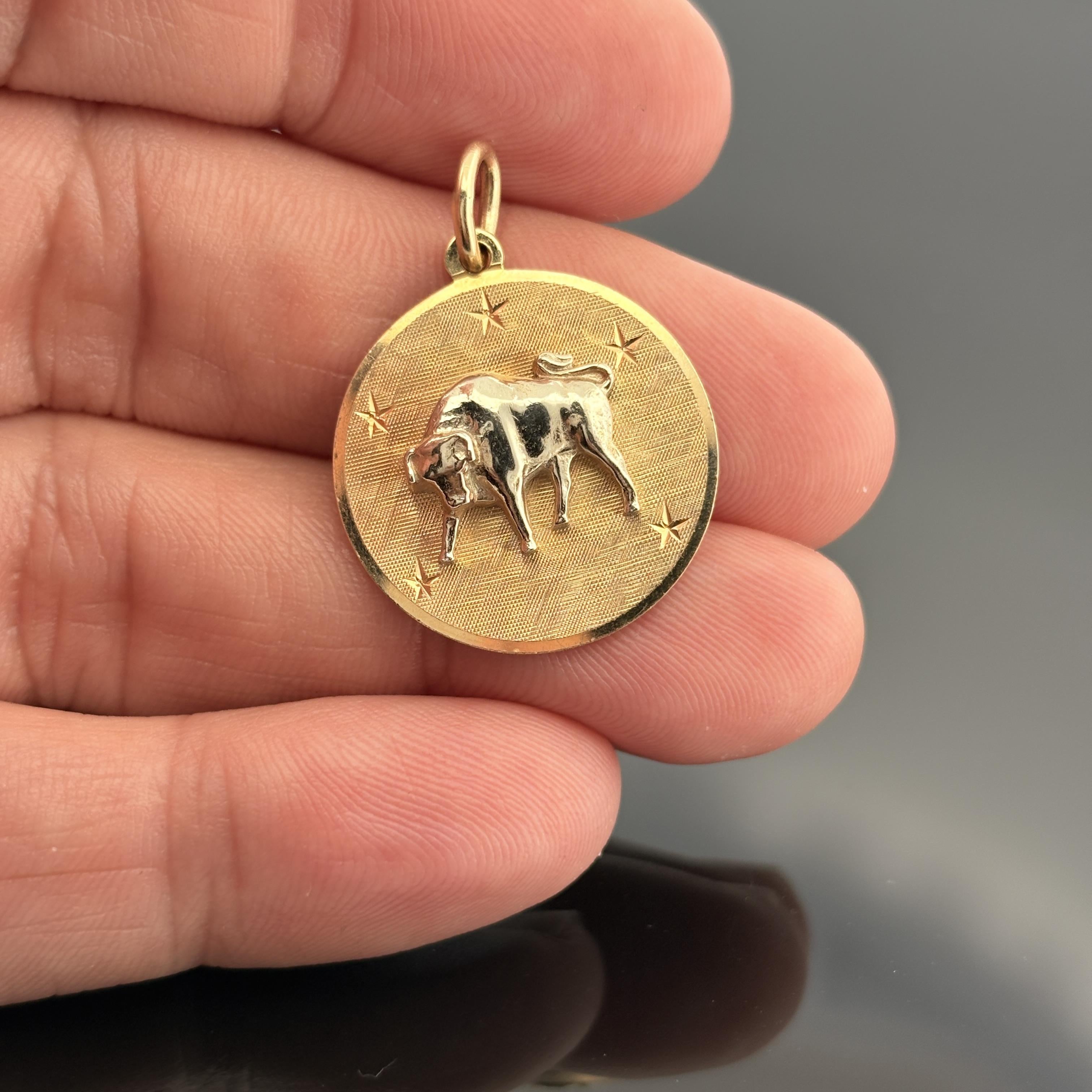 Vintage Taurus Zodiac Pendant 14k Gold - David E Trabich - High Relief