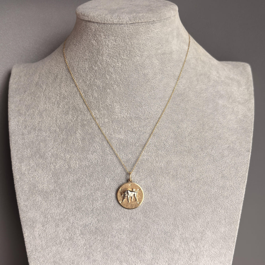 Vintage Taurus Zodiac Pendant 14k Gold - David E Trabich - High Relief