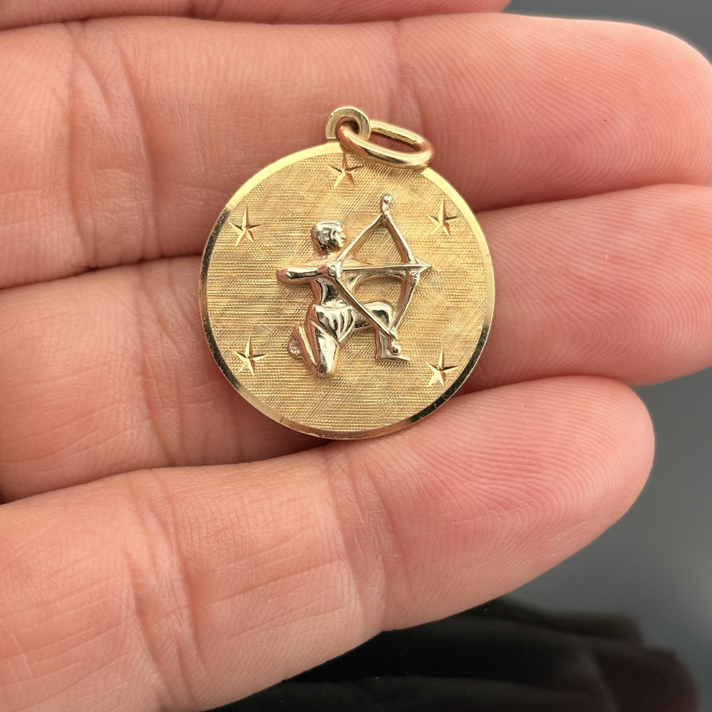 Vintage Sagittarius Zodiac Pendant 14k Gold - David E Trabich - High Relief