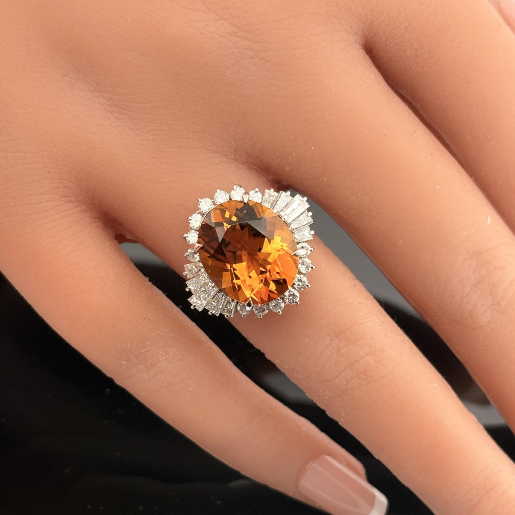 Estate 17.03ct Citrine & Diamond Platinum Cocktail Ring