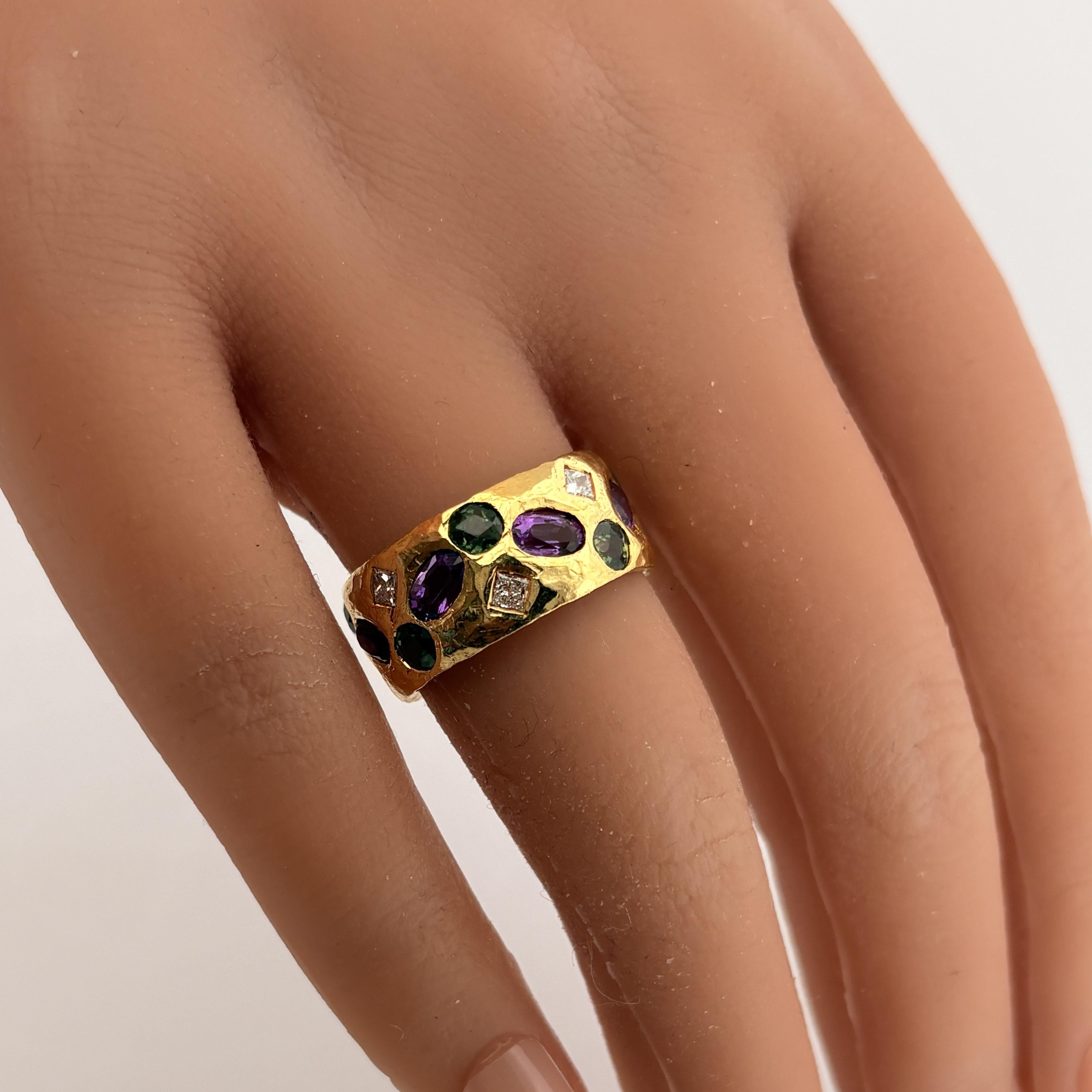 22K Yellow Gold Hammered Band Ring with Diamonds, Green Sapphires & Amethyst