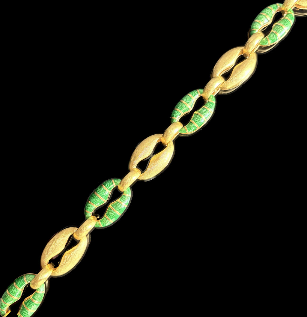 Vintage Unoarre Chunky Mariner Link Green Enamel Bracelet 18k
