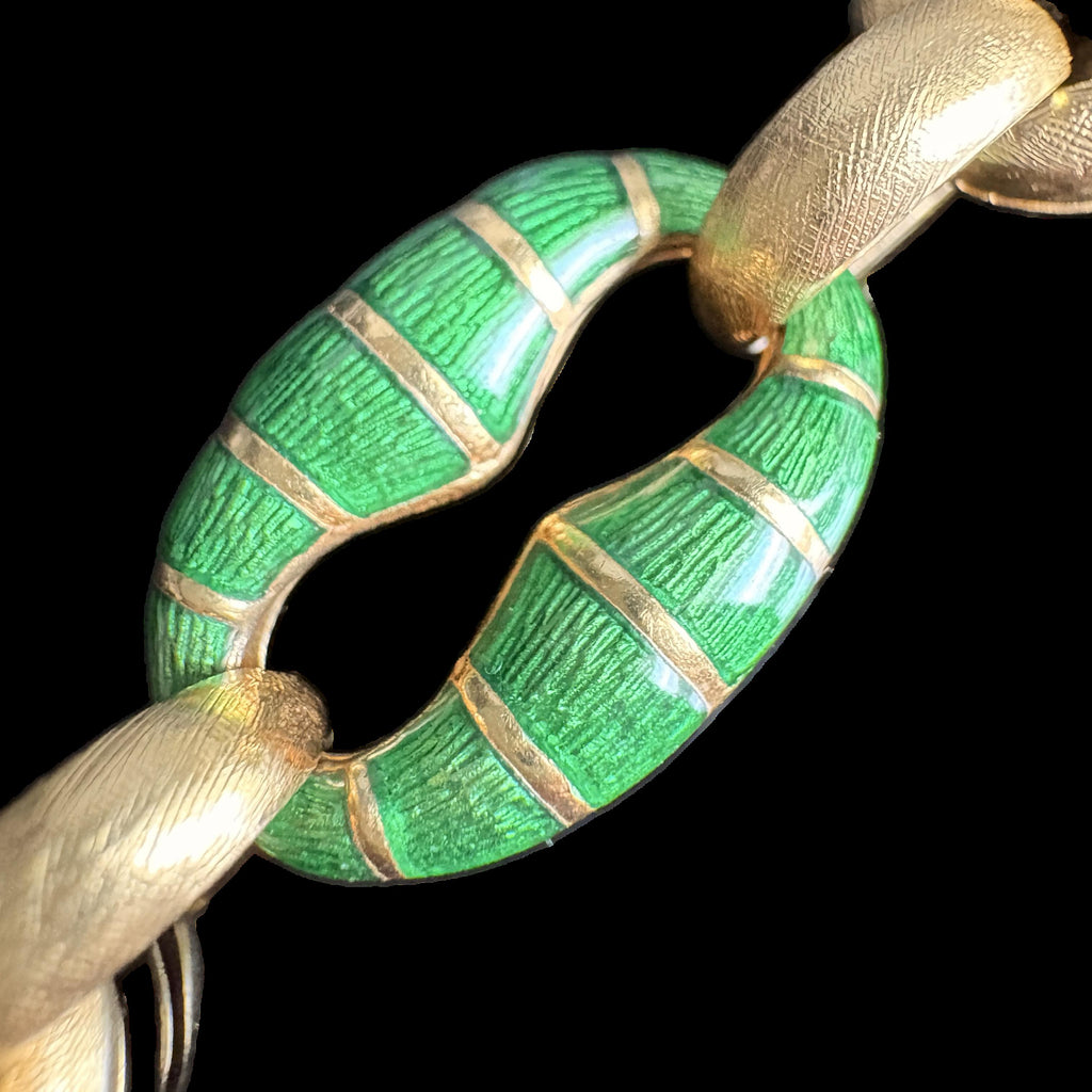 Vintage Unoarre Chunky Mariner Link Green Enamel Bracelet 18k
