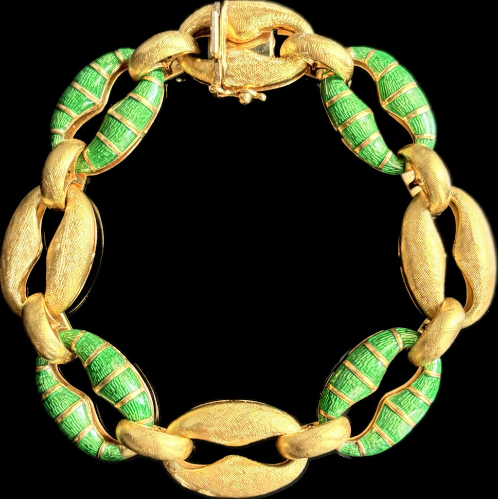 Vintage Unoarre Chunky Mariner Link Green Enamel Bracelet 18k