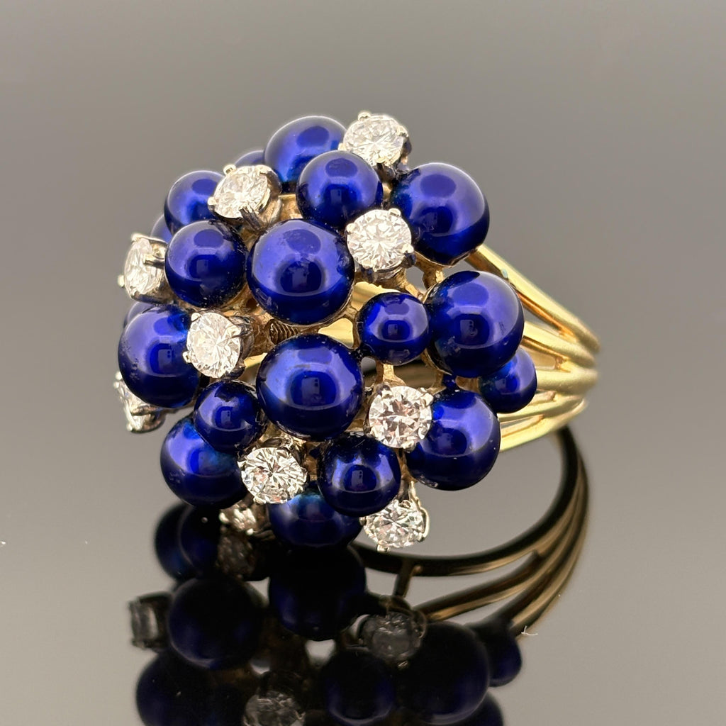 Vintage 18K Gold Diamond & Cobalt Blue Enamel Cluster Ring