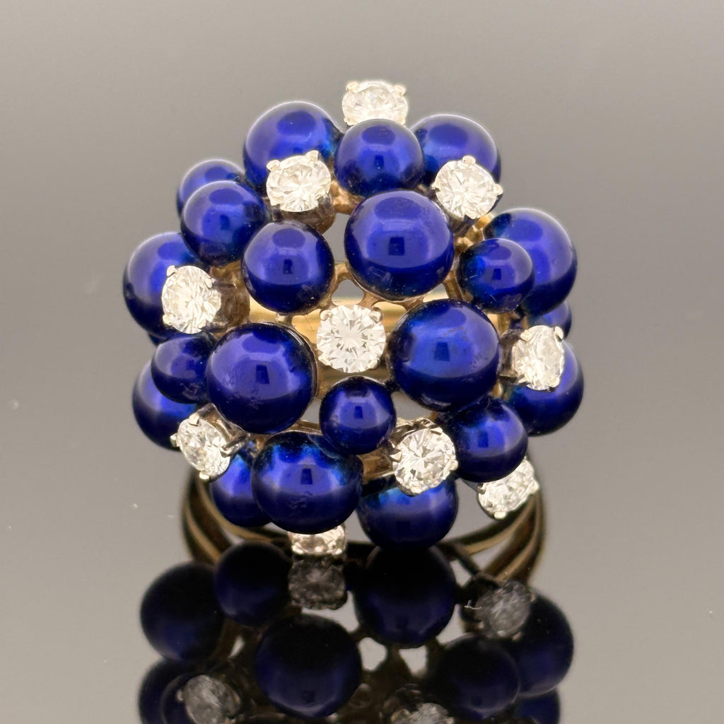 Vintage 18K Gold Diamond & Cobalt Blue Enamel Cluster Ring