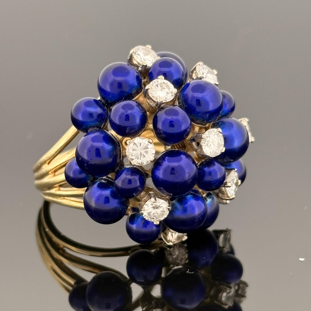 Vintage 18K Gold Diamond & Cobalt Blue Enamel Cluster Ring
