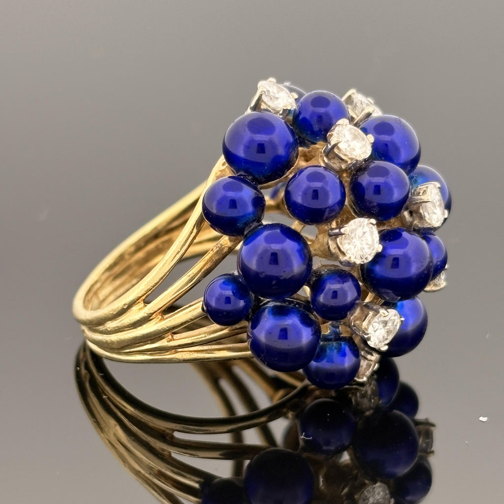 Vintage 18K Gold Diamond & Cobalt Blue Enamel Cluster Ring