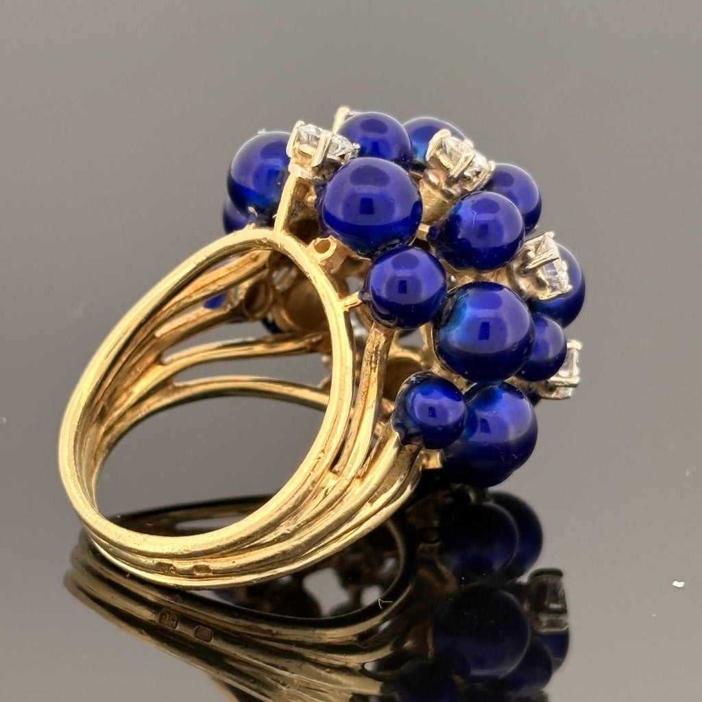 Vintage 18K Gold Diamond & Cobalt Blue Enamel Cluster Ring