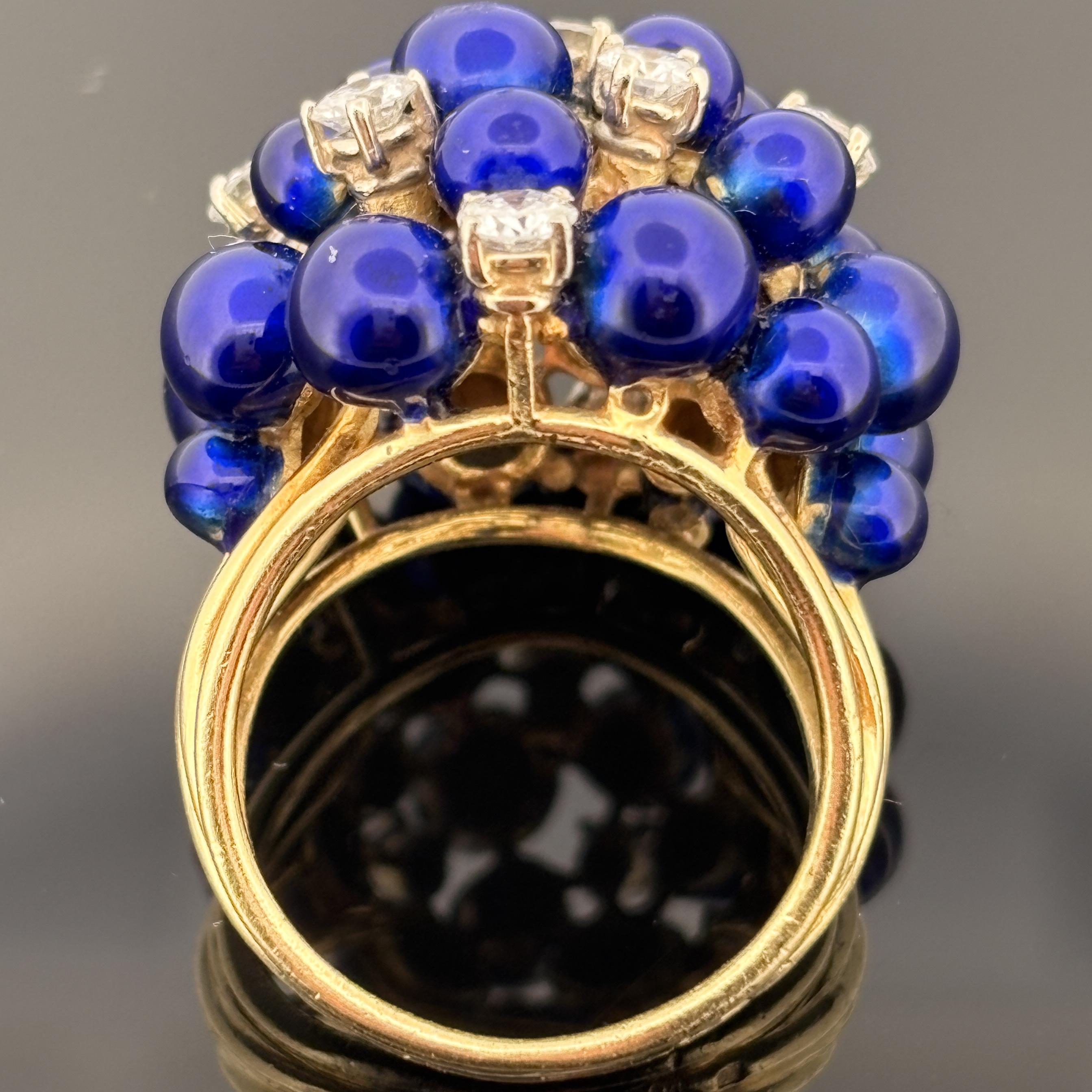 Vintage 18K Gold Diamond & Cobalt Blue Enamel Cluster Ring