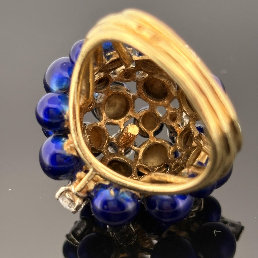 Vintage 18K Gold Diamond & Cobalt Blue Enamel Cluster Ring