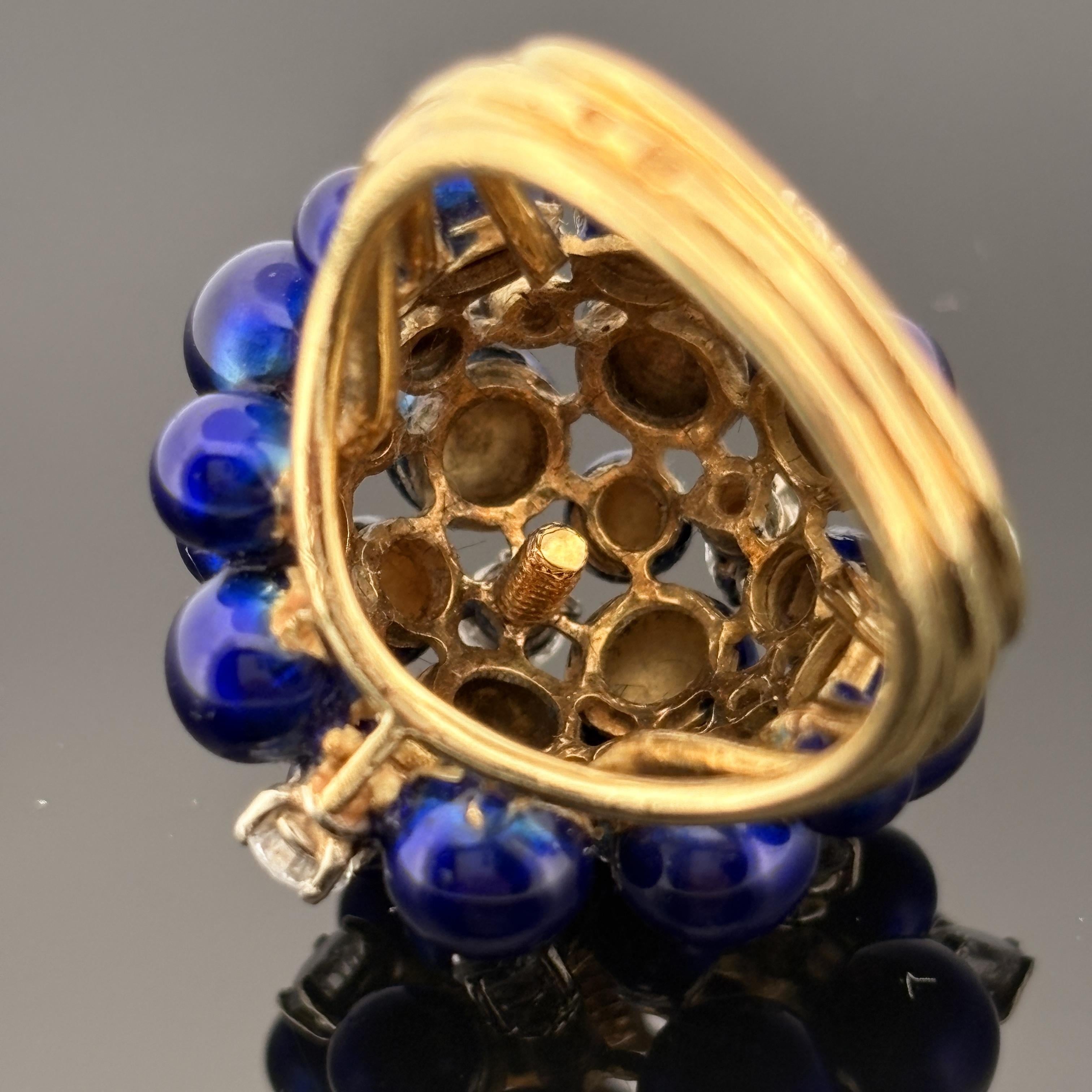 Vintage 18K Gold Diamond & Cobalt Blue Enamel Cluster Ring