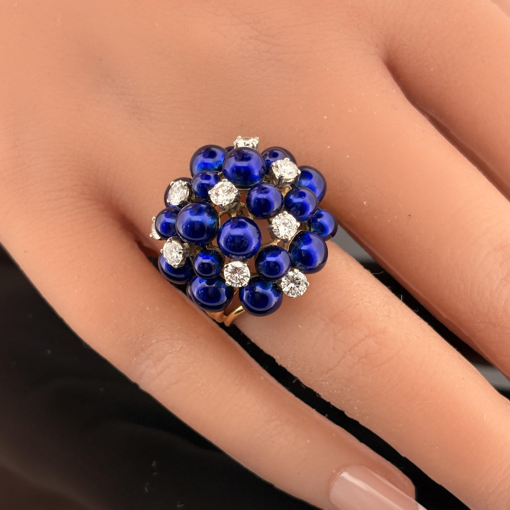 Vintage 18K Gold Diamond & Cobalt Blue Enamel Cluster Ring
