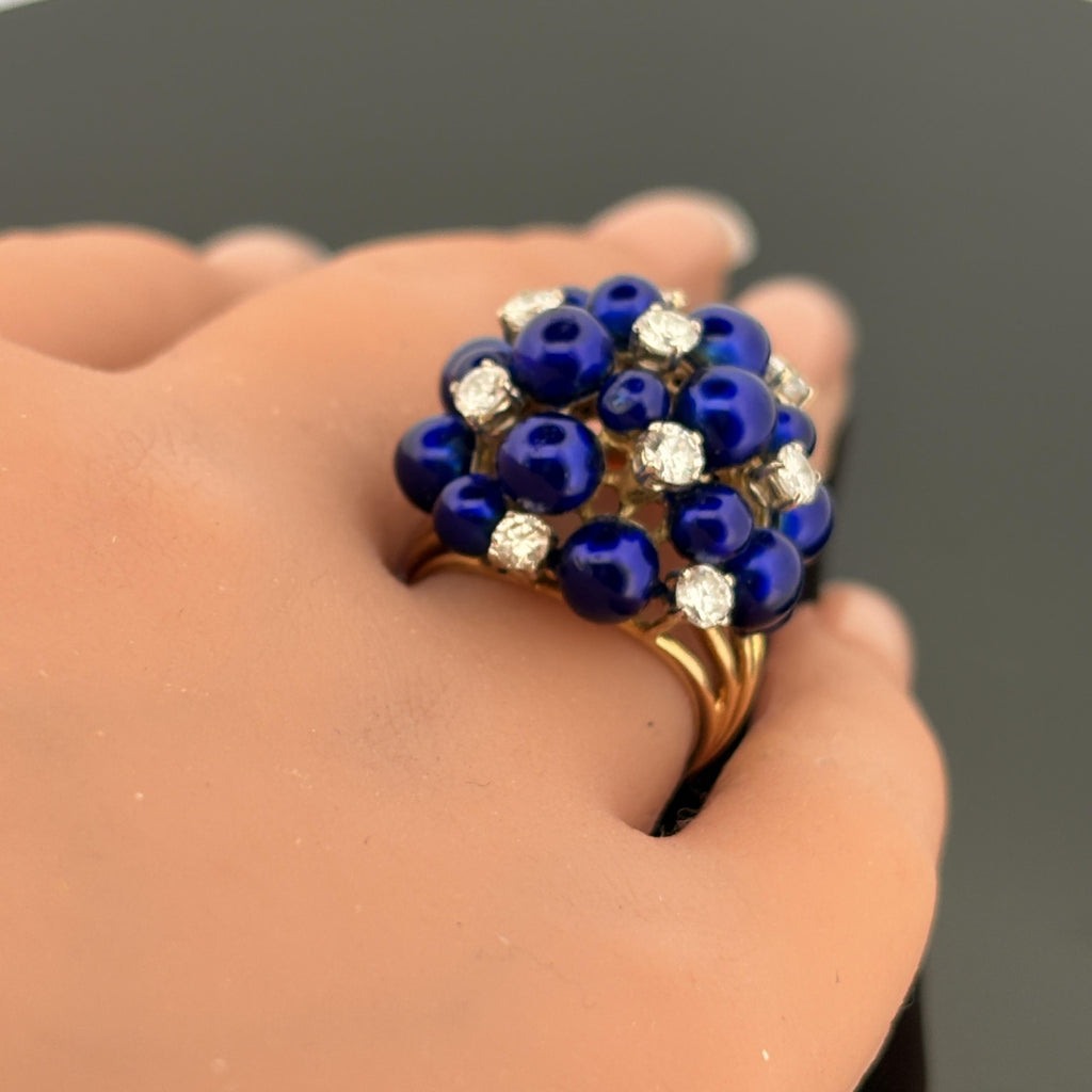 Vintage 18K Gold Diamond & Cobalt Blue Enamel Cluster Ring