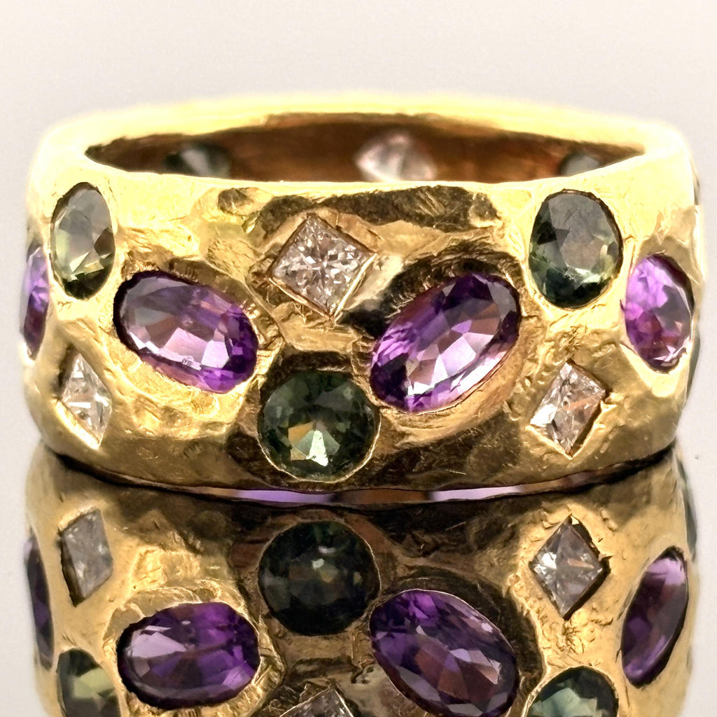22K Yellow Gold Hammered Band Ring with Diamonds, Green Sapphires & Amethyst
