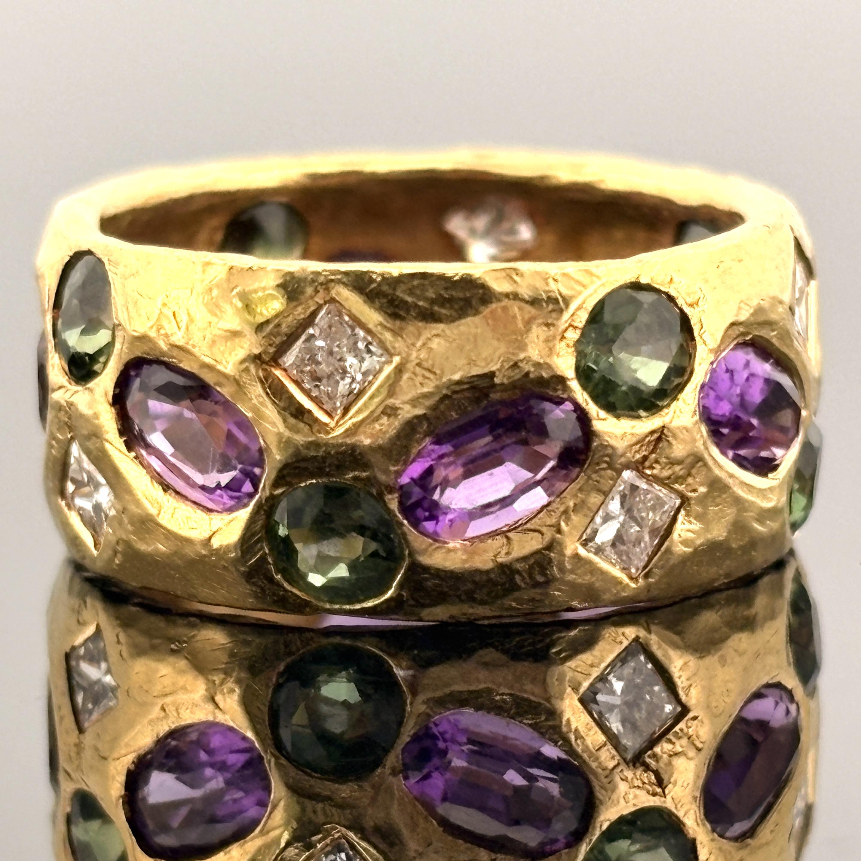 22K Yellow Gold Hammered Band Ring with Diamonds, Green Sapphires & Amethyst