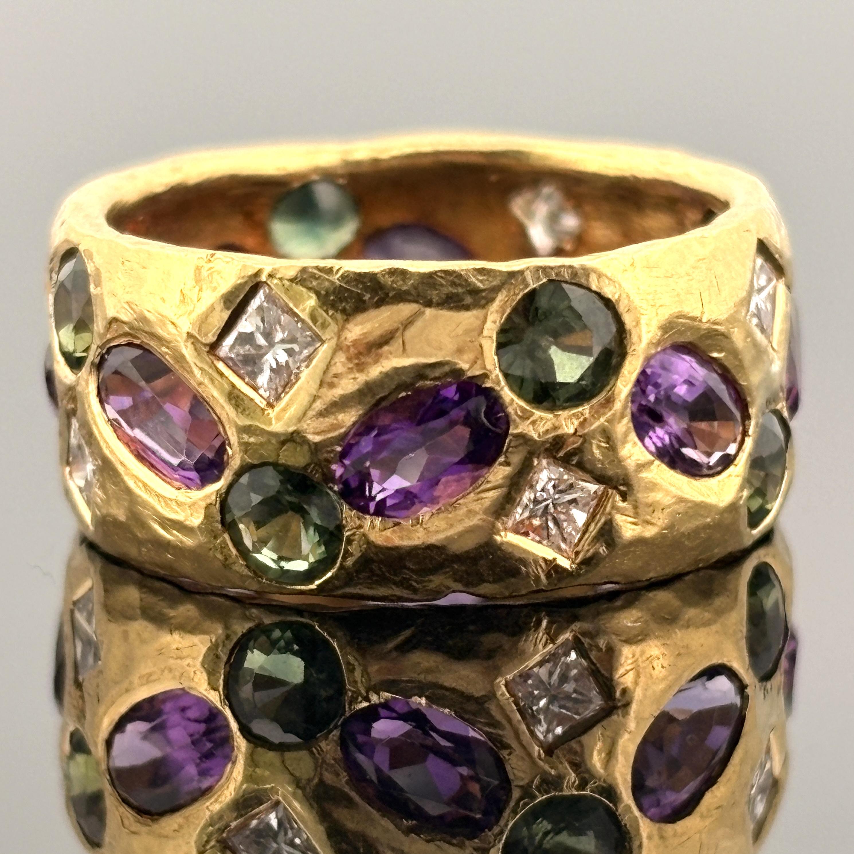 22K Yellow Gold Hammered Band Ring with Diamonds, Green Sapphires & Amethyst