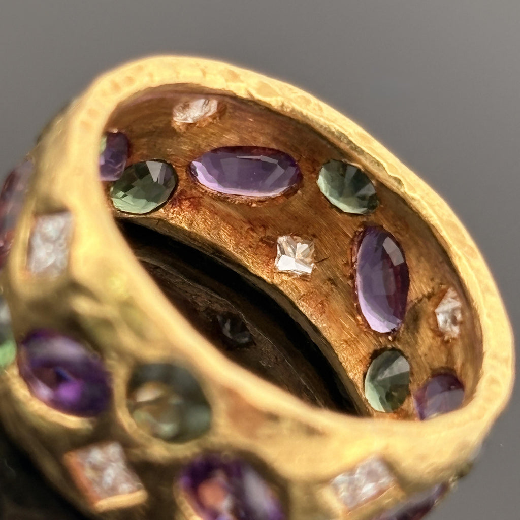 22K Yellow Gold Hammered Band Ring with Diamonds, Green Sapphires & Amethyst