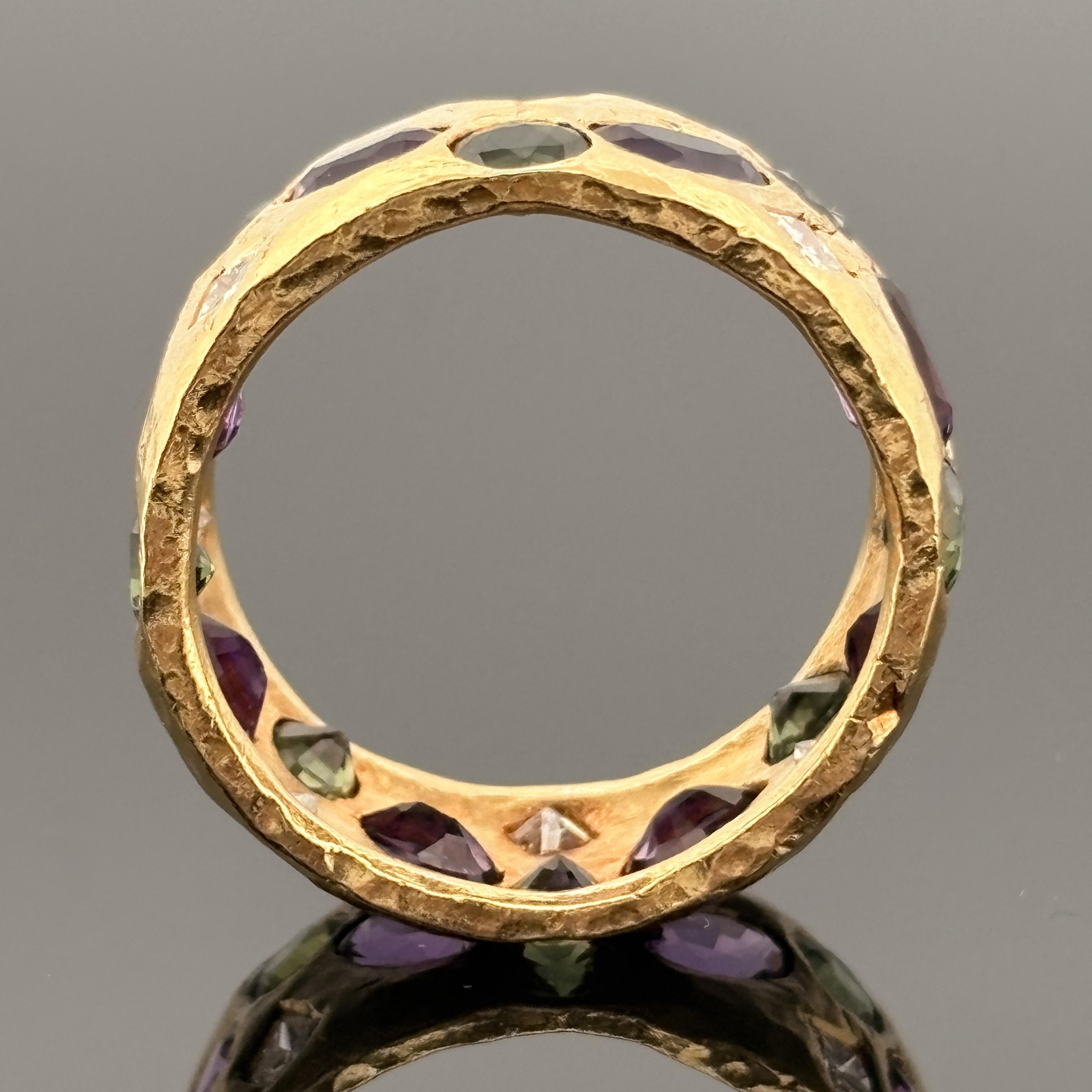 22K Yellow Gold Hammered Band Ring with Diamonds, Green Sapphires & Amethyst