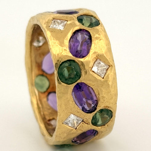 22K Yellow Gold Hammered Band Ring with Diamonds, Green Sapphires & Amethyst