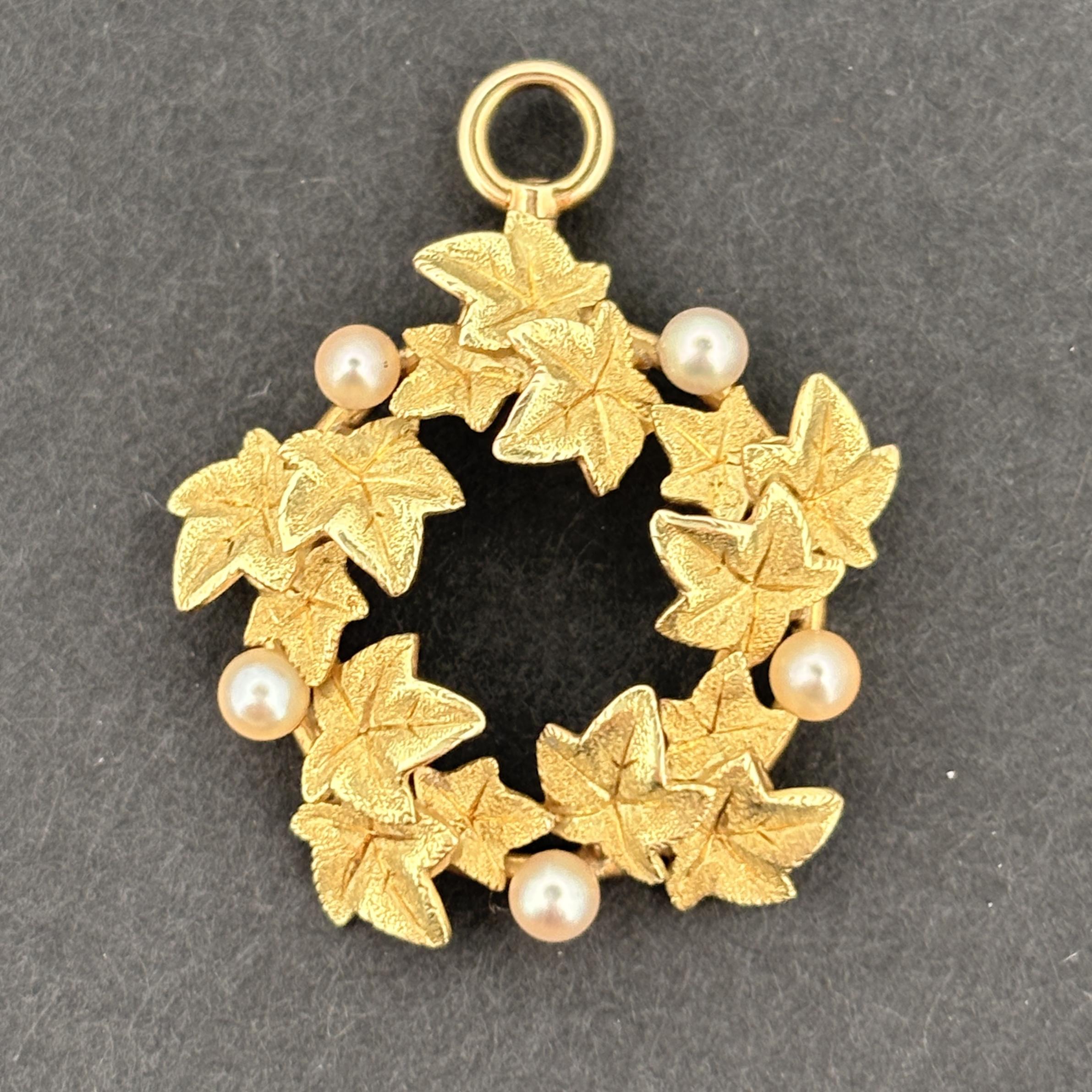 Antique Art Nouveau Pearl & Green Gold Ivy Pendant, 14k Gold