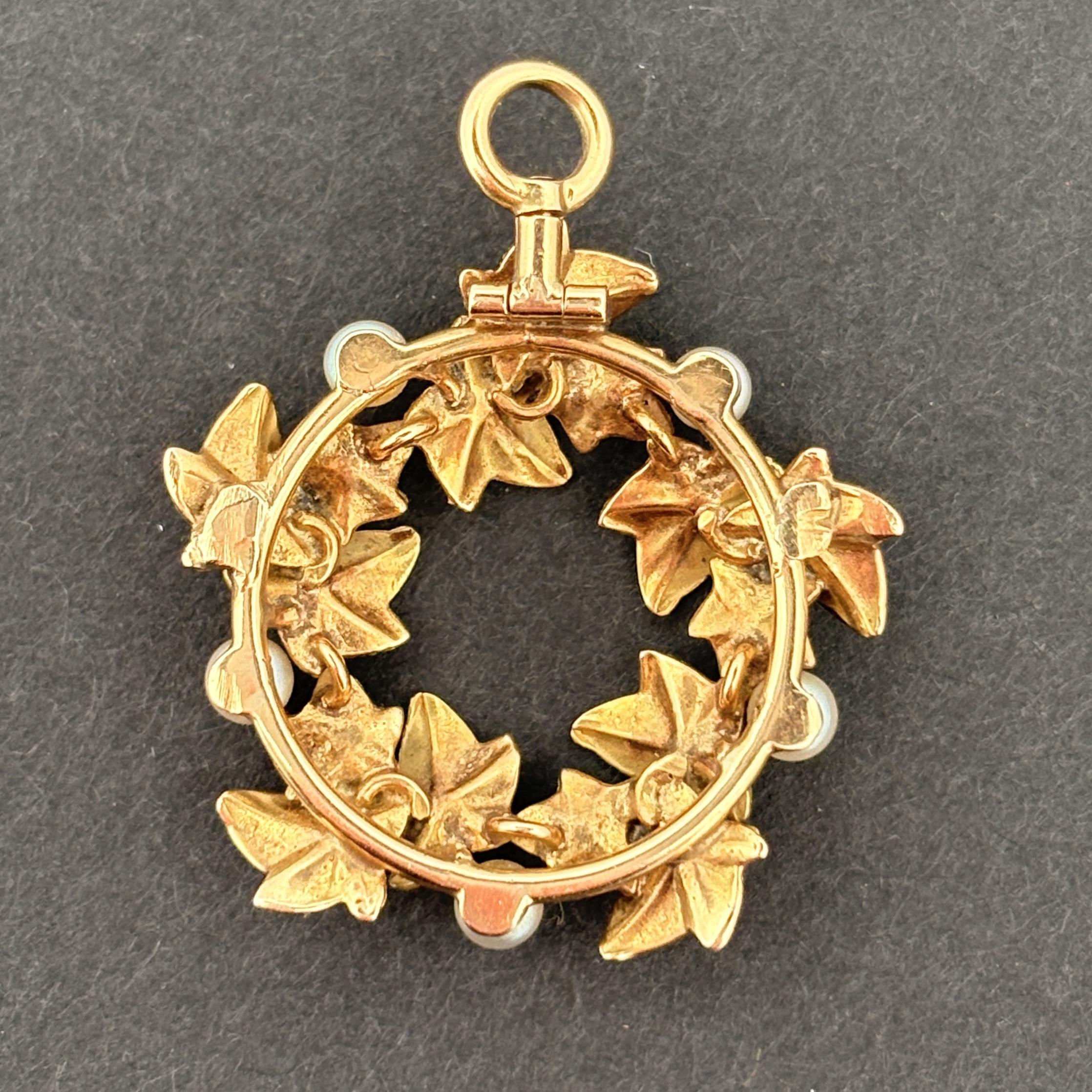 Antique Art Nouveau Pearl & Green Gold Ivy Pendant, 14k Gold