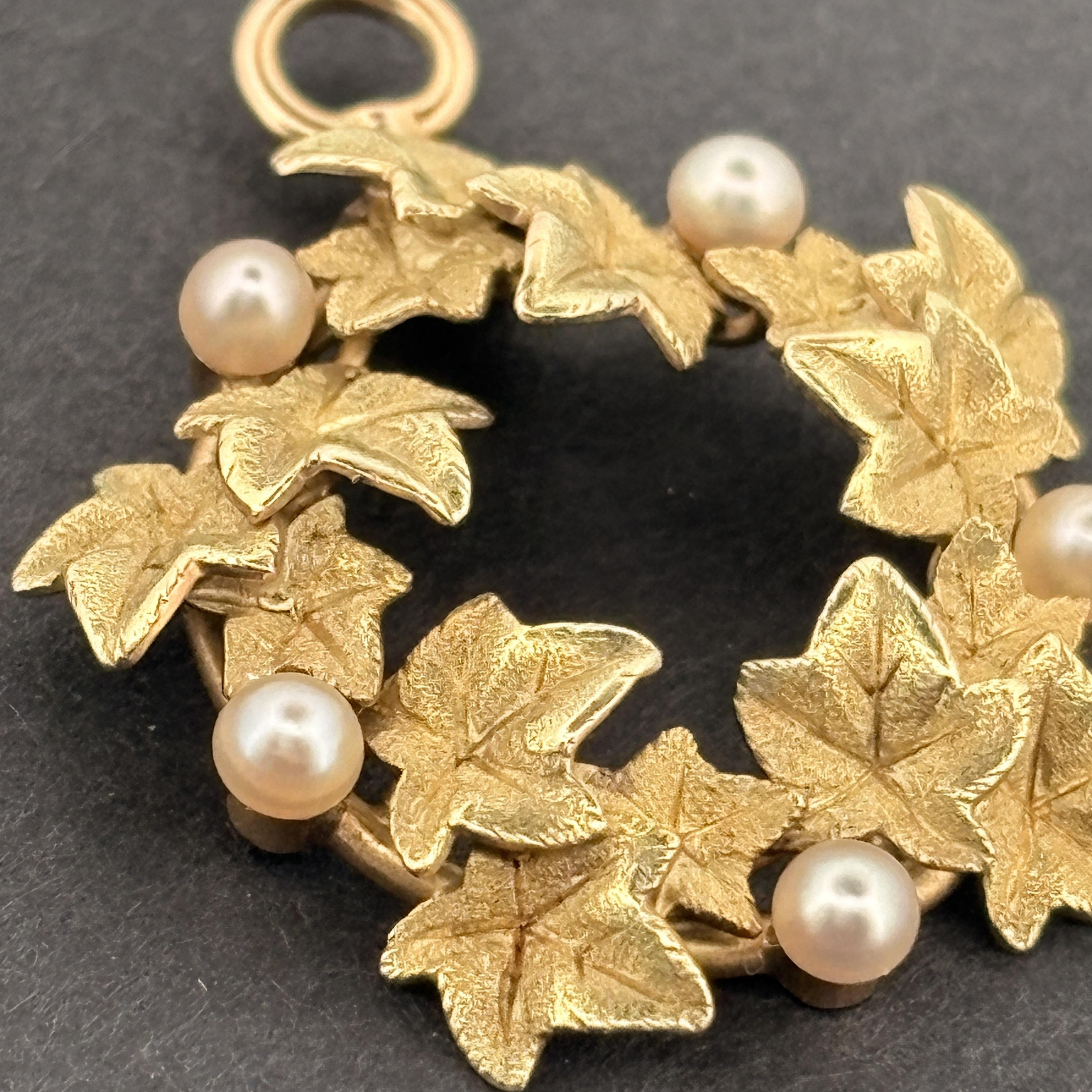 Antique Art Nouveau Pearl & Green Gold Ivy Pendant, 14k Gold