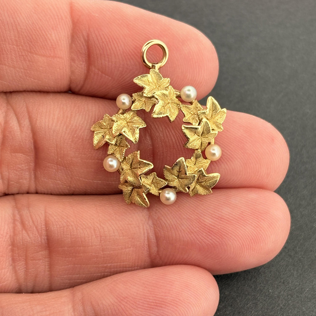 Antique Art Nouveau Pearl & Green Gold Ivy Pendant, 14k Gold