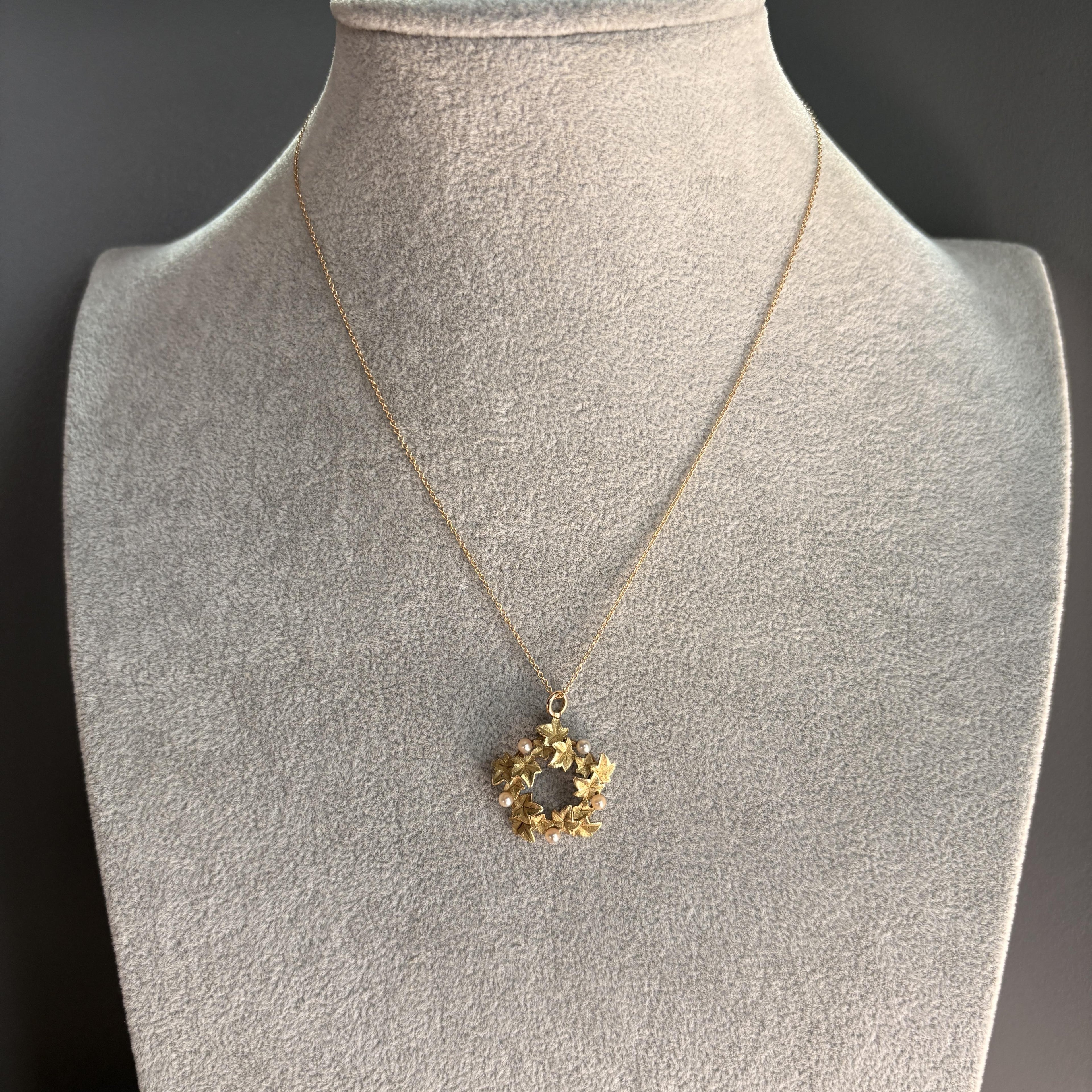 Antique Art Nouveau Pearl & Green Gold Ivy Pendant, 14k Gold