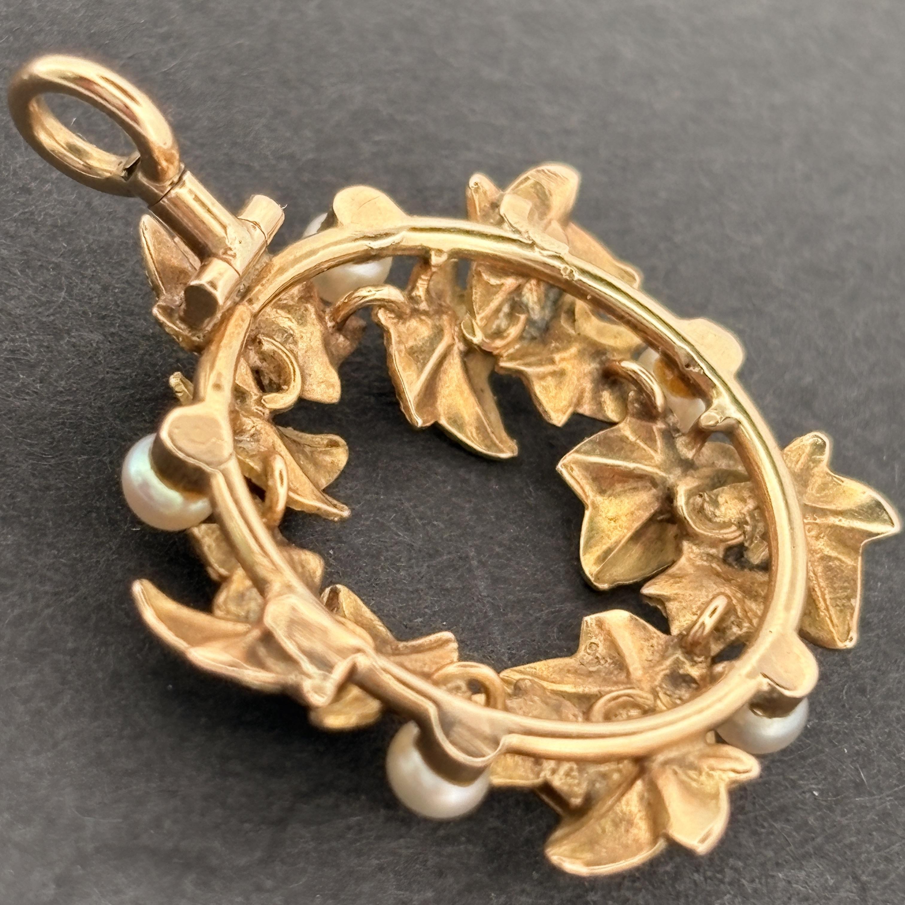 Antique Art Nouveau Pearl & Green Gold Ivy Pendant, 14k Gold