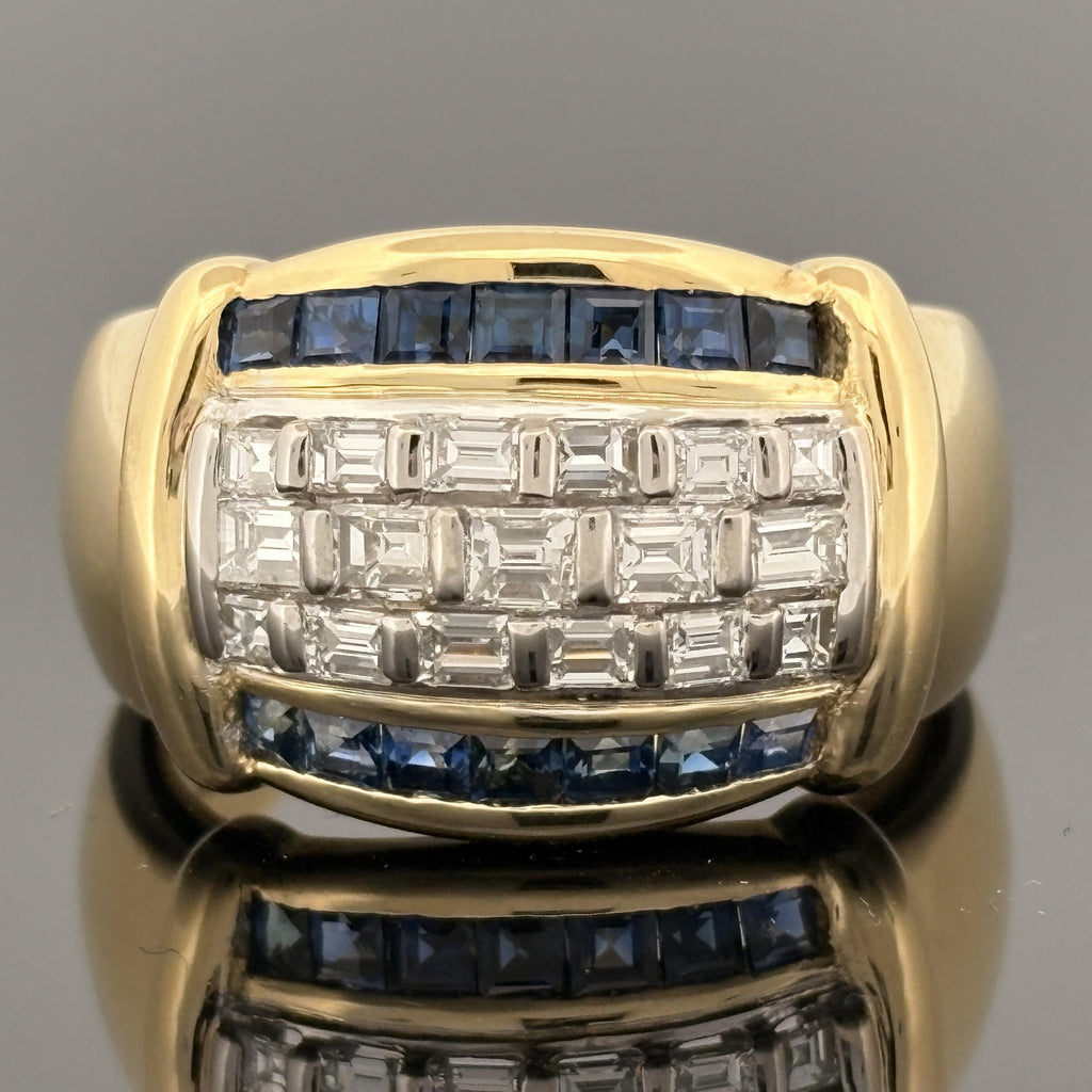 Diamond & Blue Sapphire Baguette 18k Yellow Gold Cocktail Ring