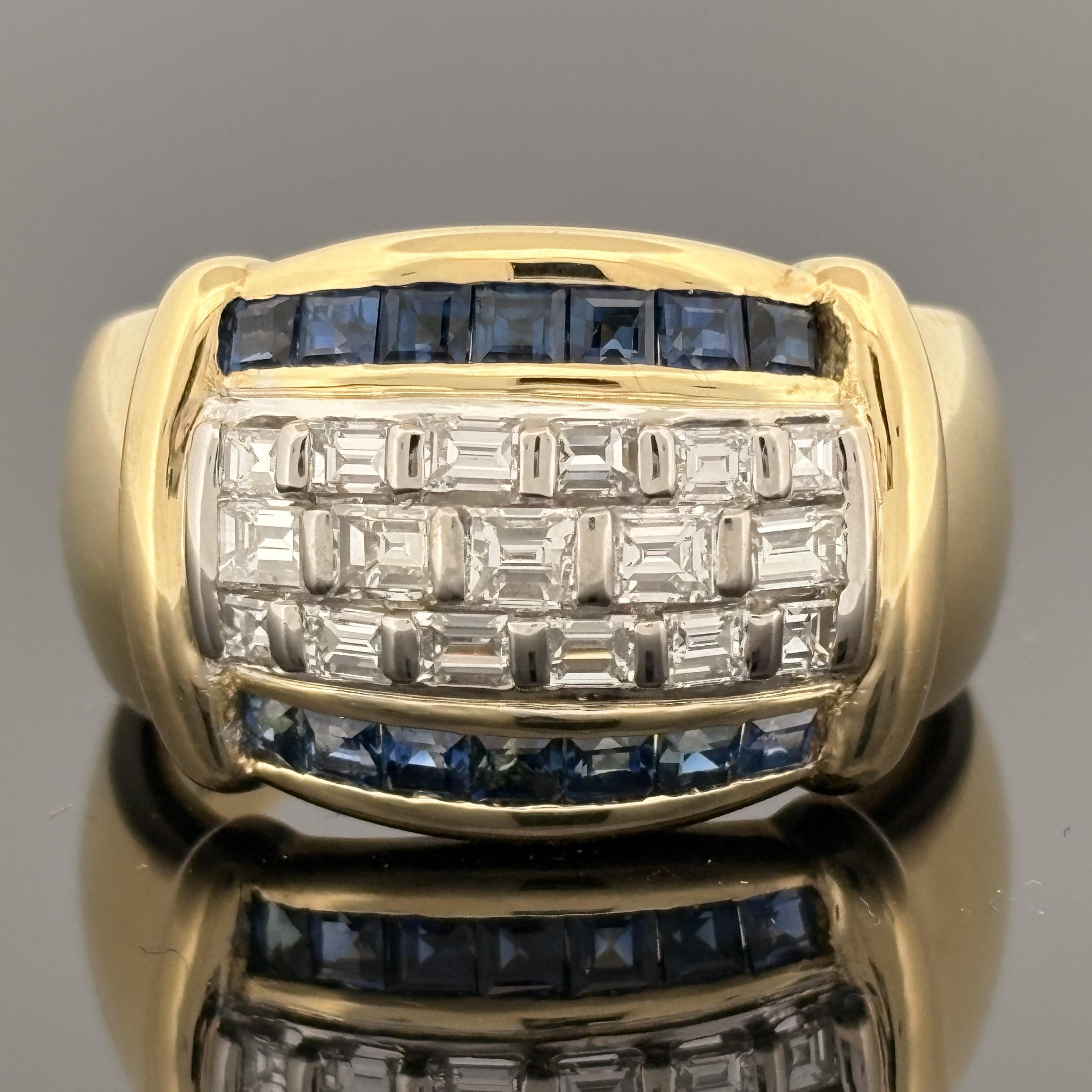Diamond & Blue Sapphire Baguette 18k Yellow Gold Cocktail Ring