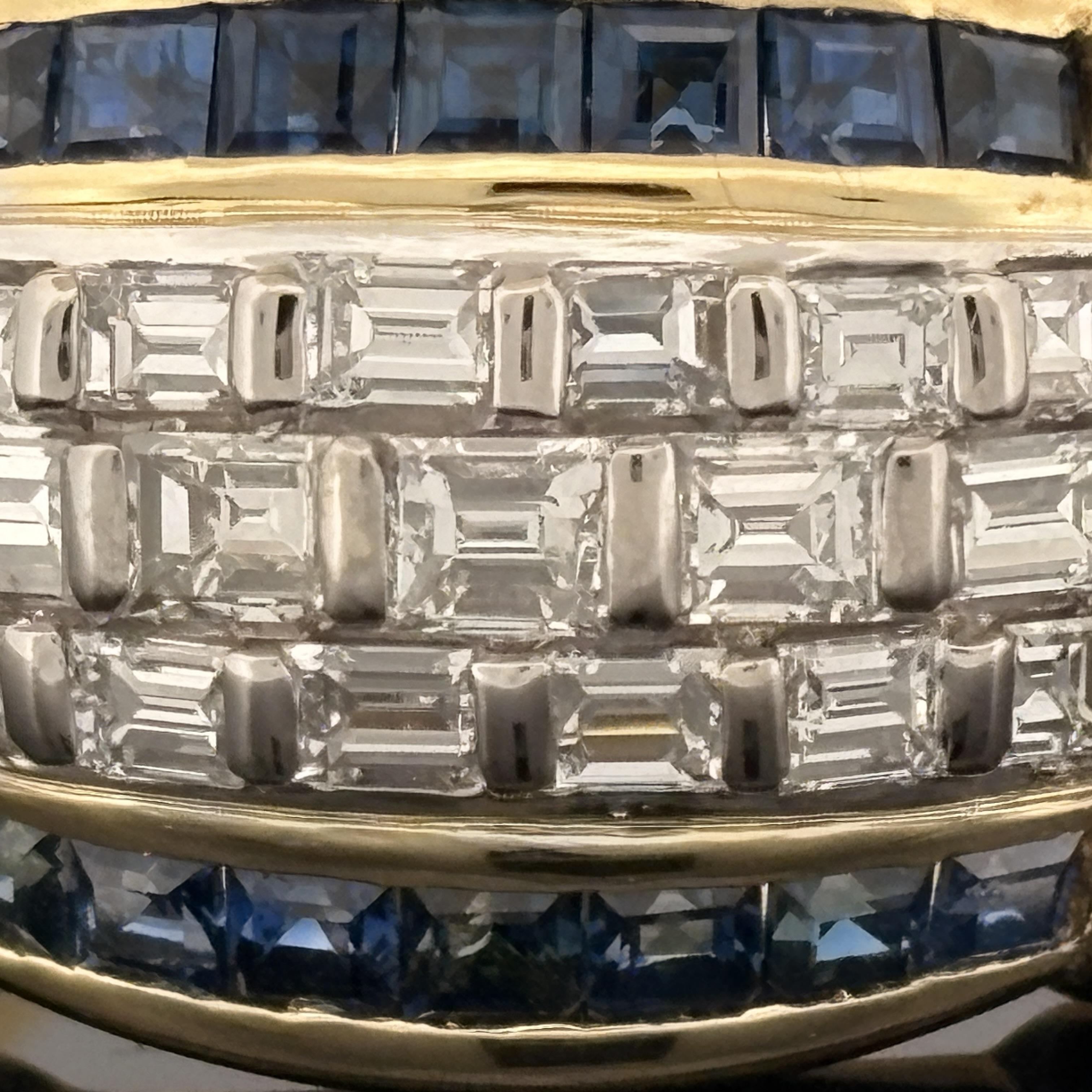 Diamond & Blue Sapphire Baguette 18k Yellow Gold Cocktail Ring