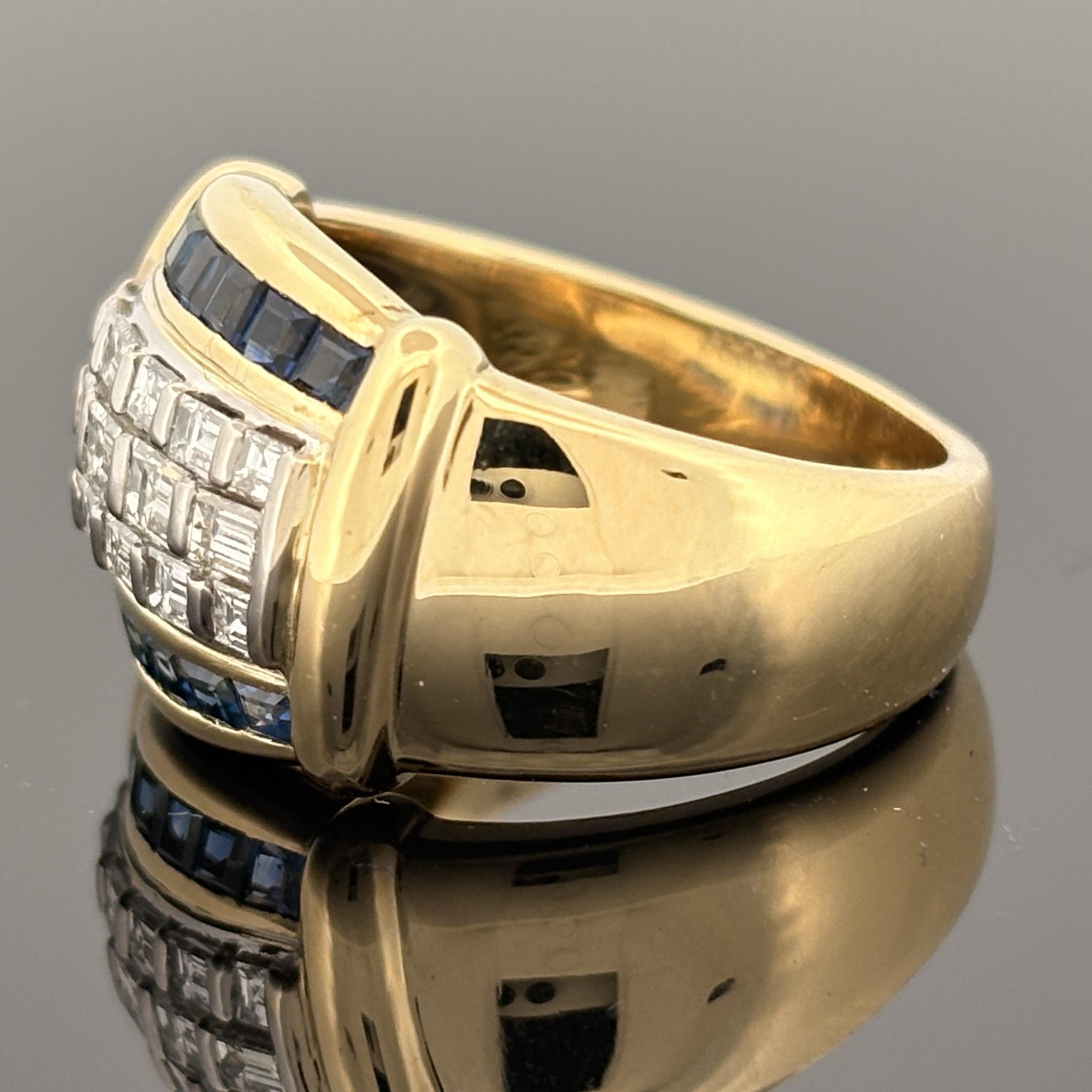 Diamond & Blue Sapphire Baguette 18k Yellow Gold Cocktail Ring