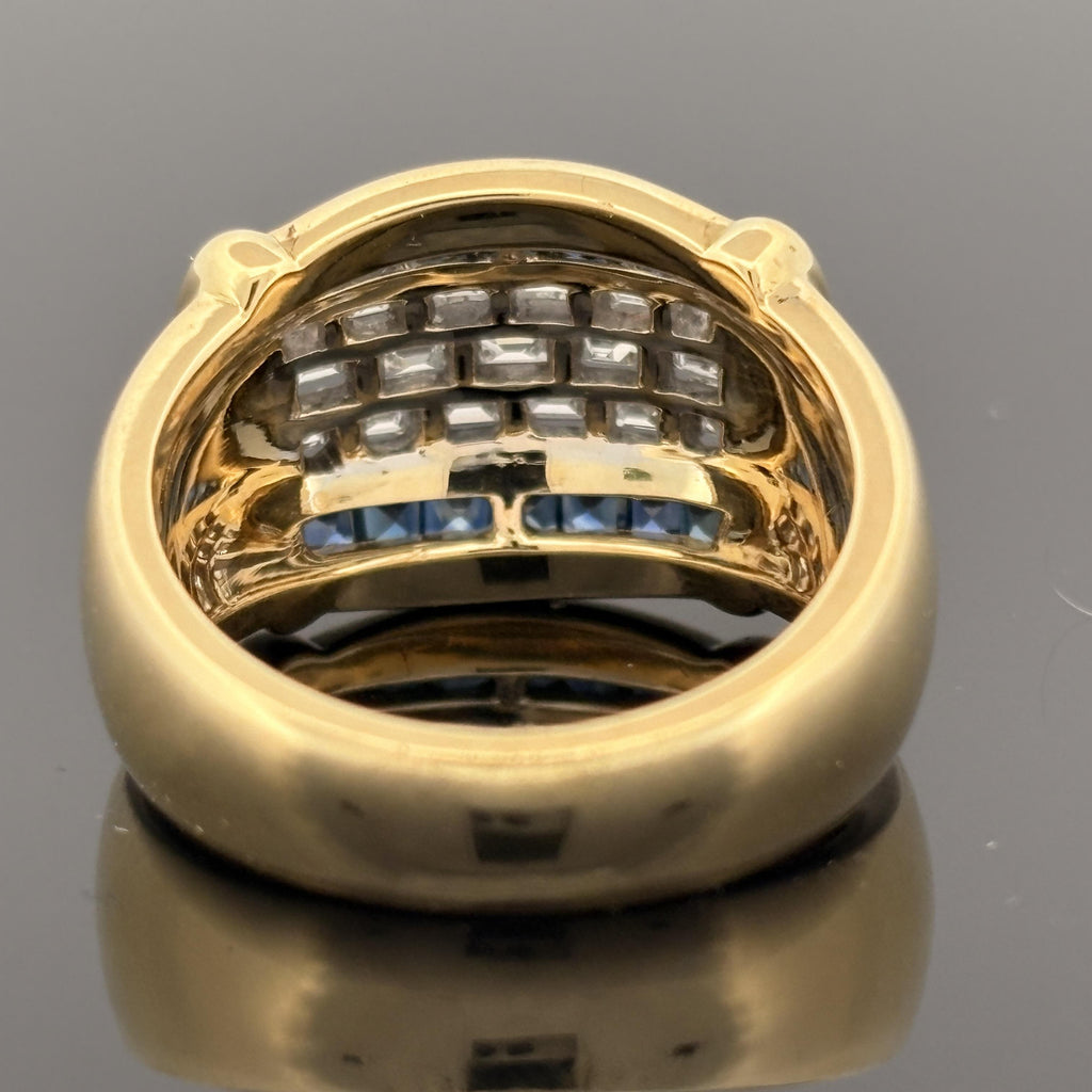 Diamond & Blue Sapphire Baguette 18k Yellow Gold Cocktail Ring