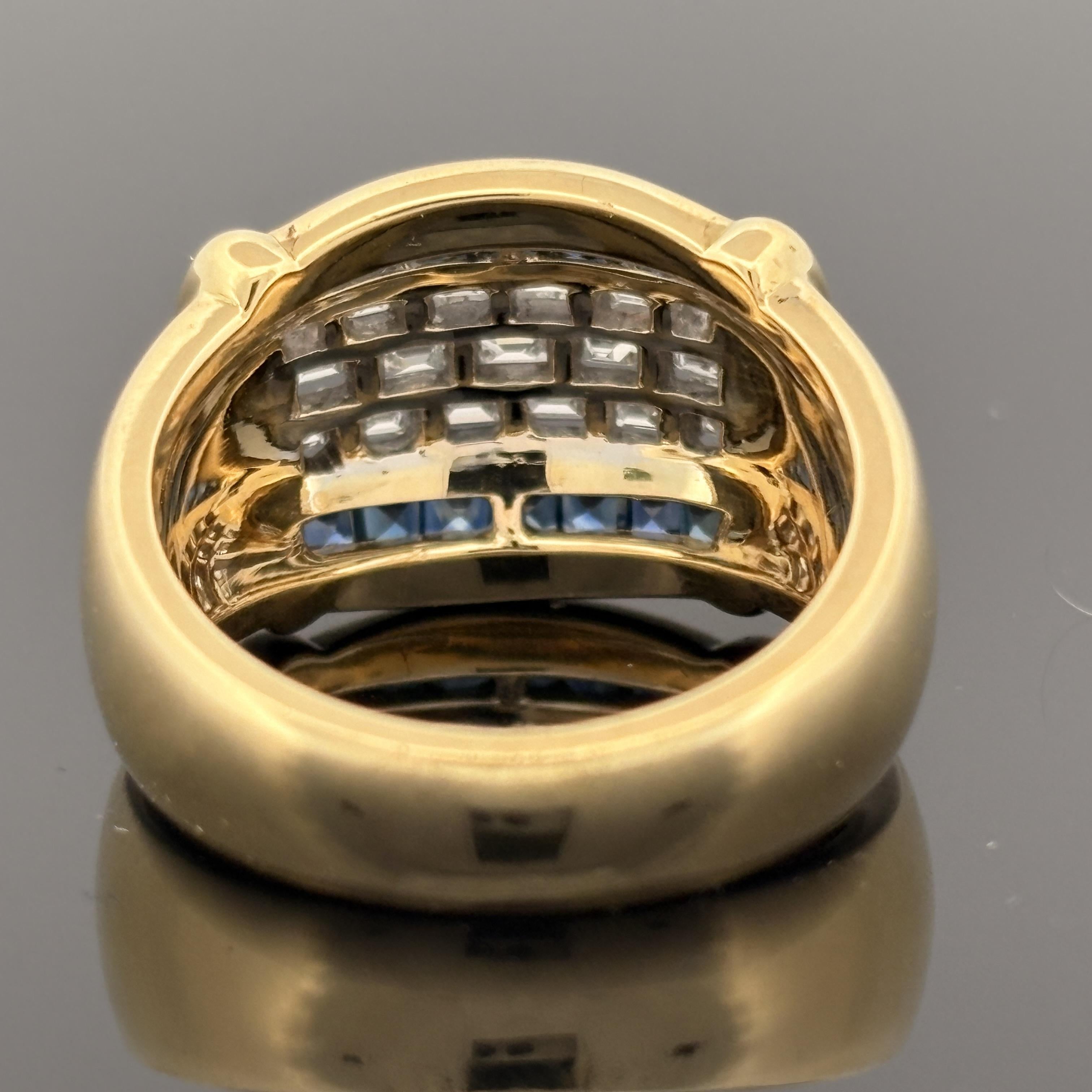 Diamond & Blue Sapphire Baguette 18k Yellow Gold Cocktail Ring
