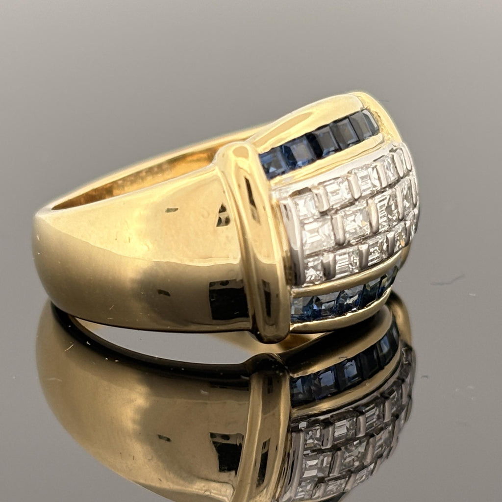Diamond & Blue Sapphire Baguette 18k Yellow Gold Cocktail Ring
