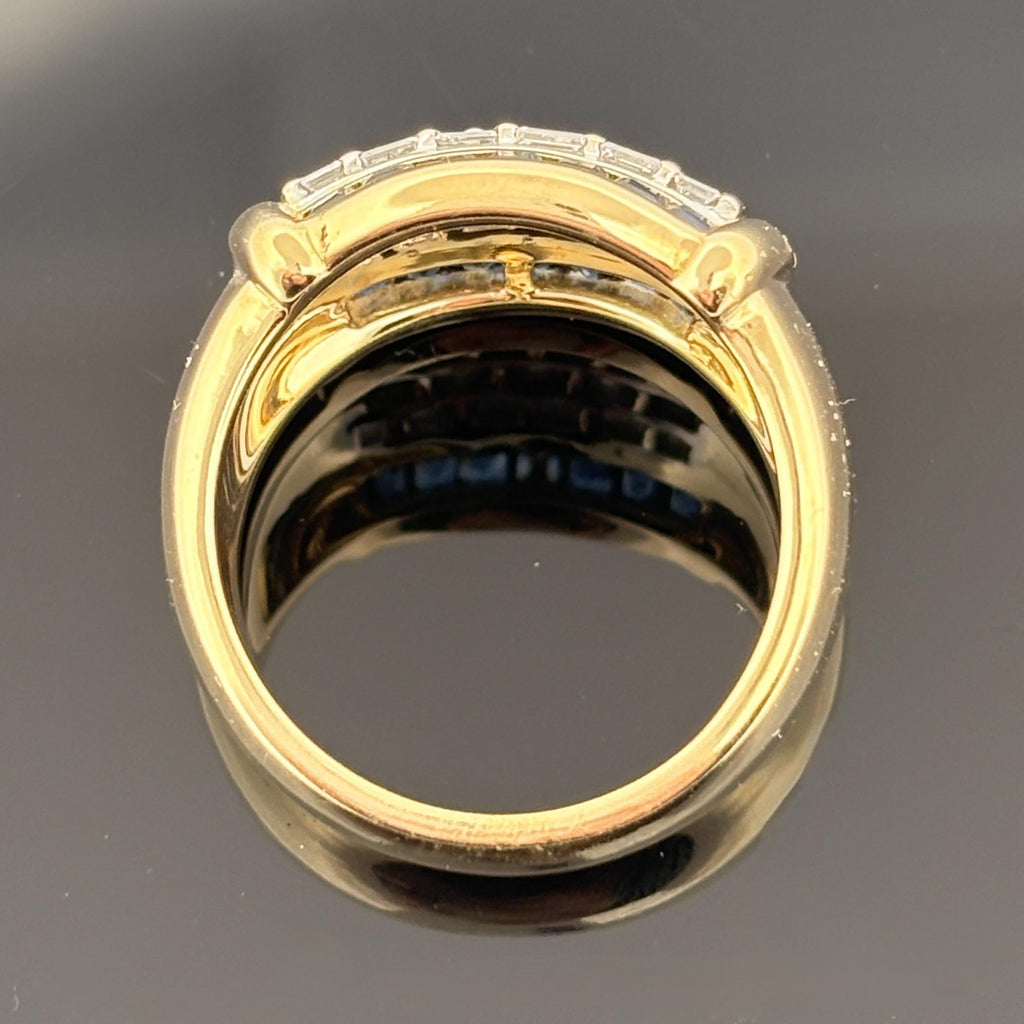 Diamond & Blue Sapphire Baguette 18k Yellow Gold Cocktail Ring