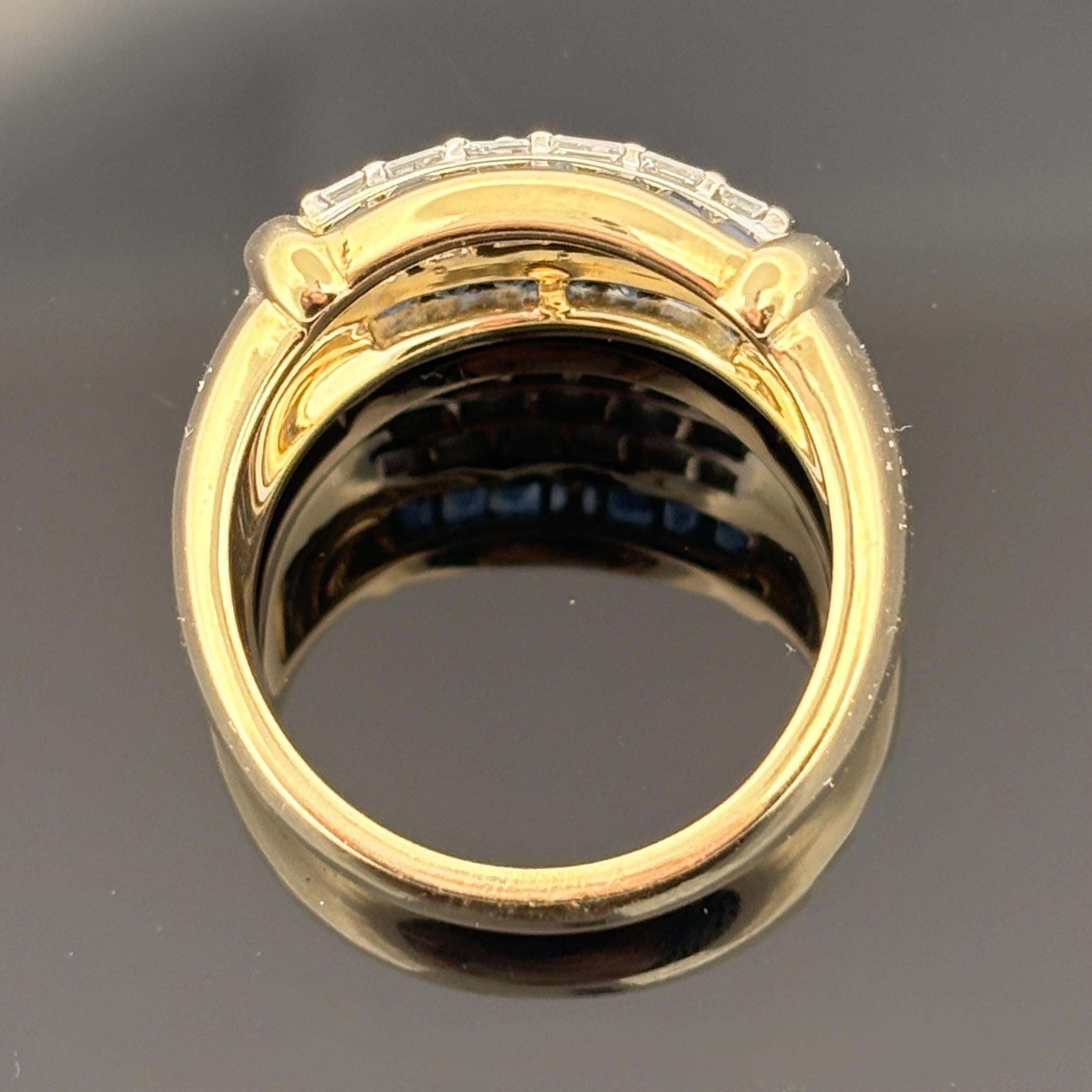 Diamond & Blue Sapphire Baguette 18k Yellow Gold Cocktail Ring