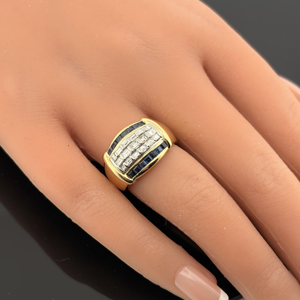 Diamond & Blue Sapphire Baguette 18k Yellow Gold Cocktail Ring