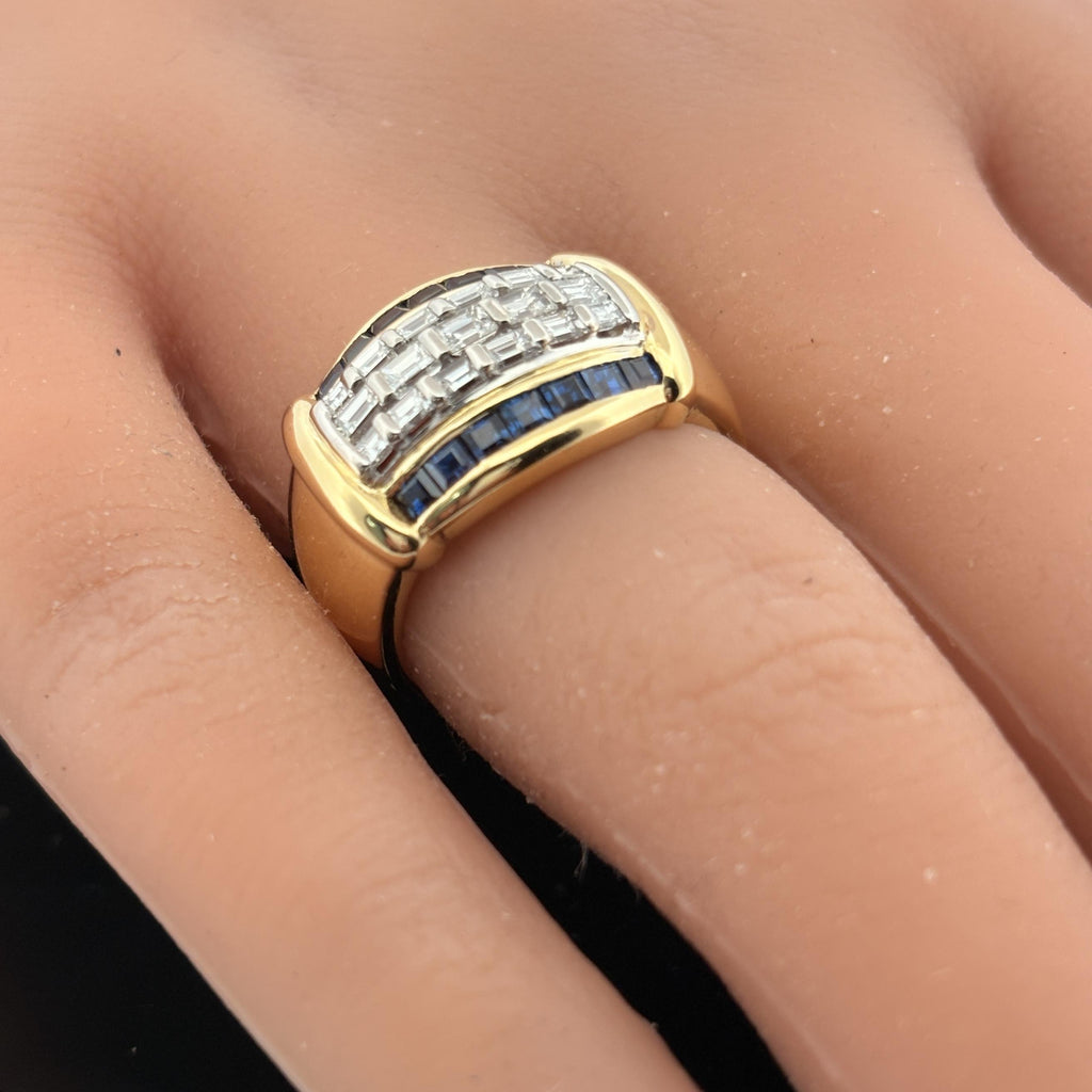 Diamond & Blue Sapphire Baguette 18k Yellow Gold Cocktail Ring